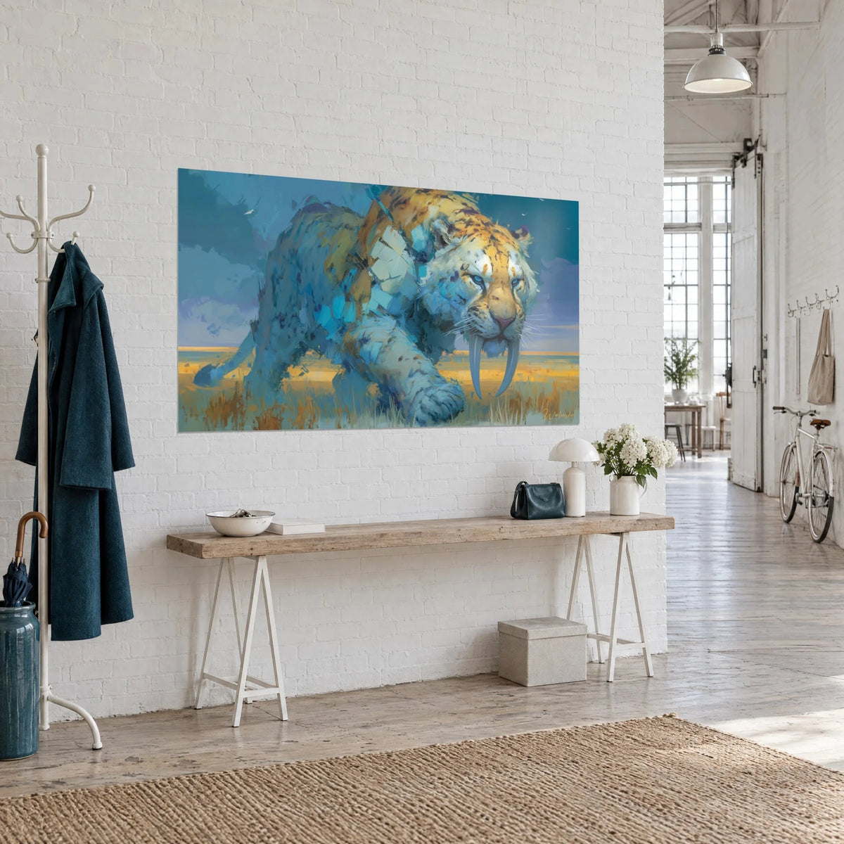 Tableau félin préhistorique tête baissée, regard bleu glacier et coups de pinceau safran, accroché sur un mur blanc de loft