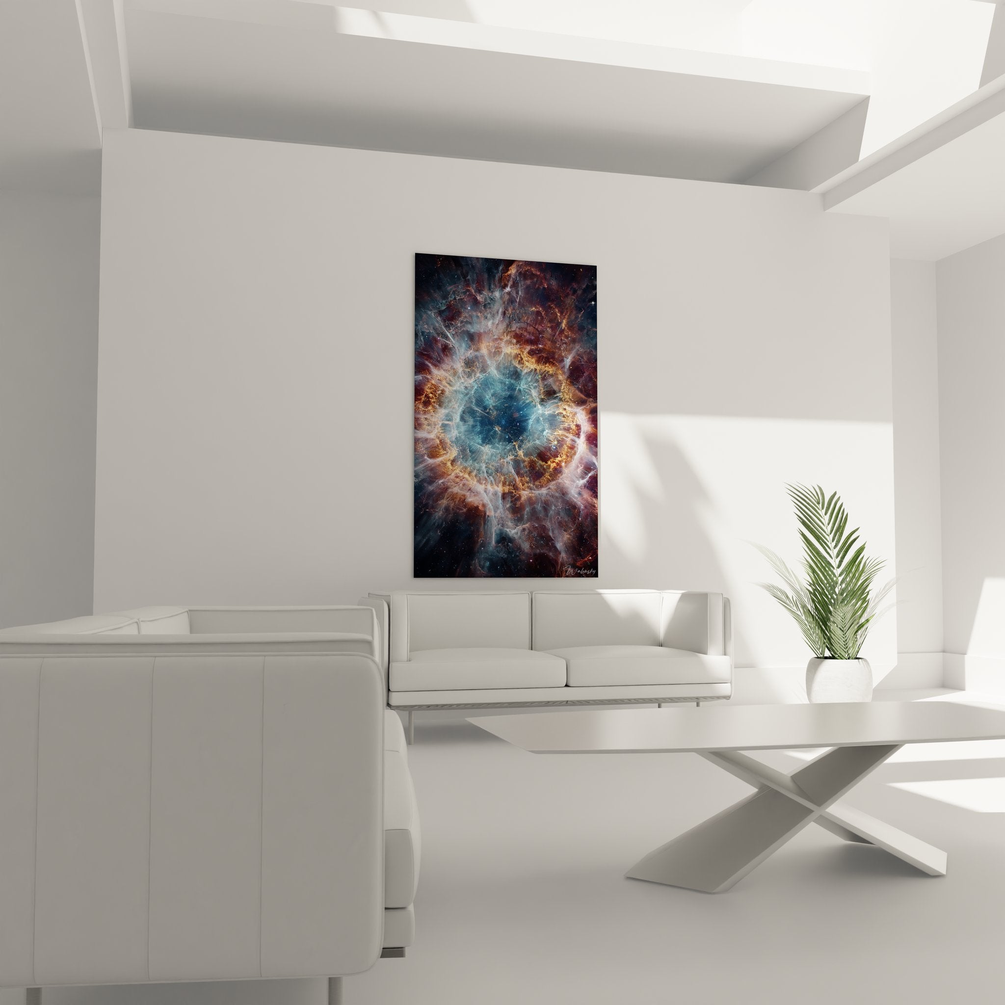 Gros plan sur tableau nébuleuse montrant détails spirales bleues et filaments dorés cosmiques