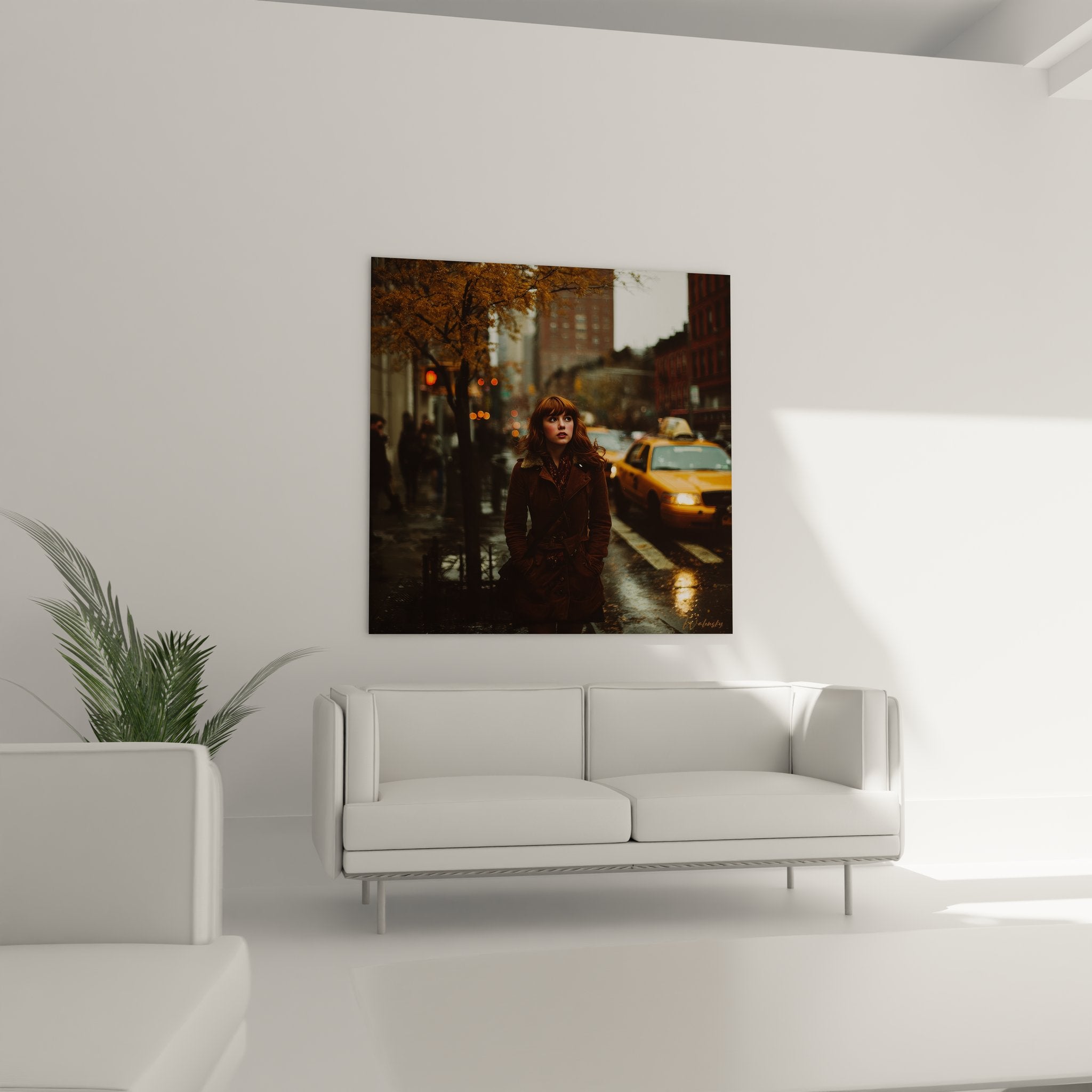 Gros plan tableau art urbain femme sous la pluie détails couleurs et textures New York