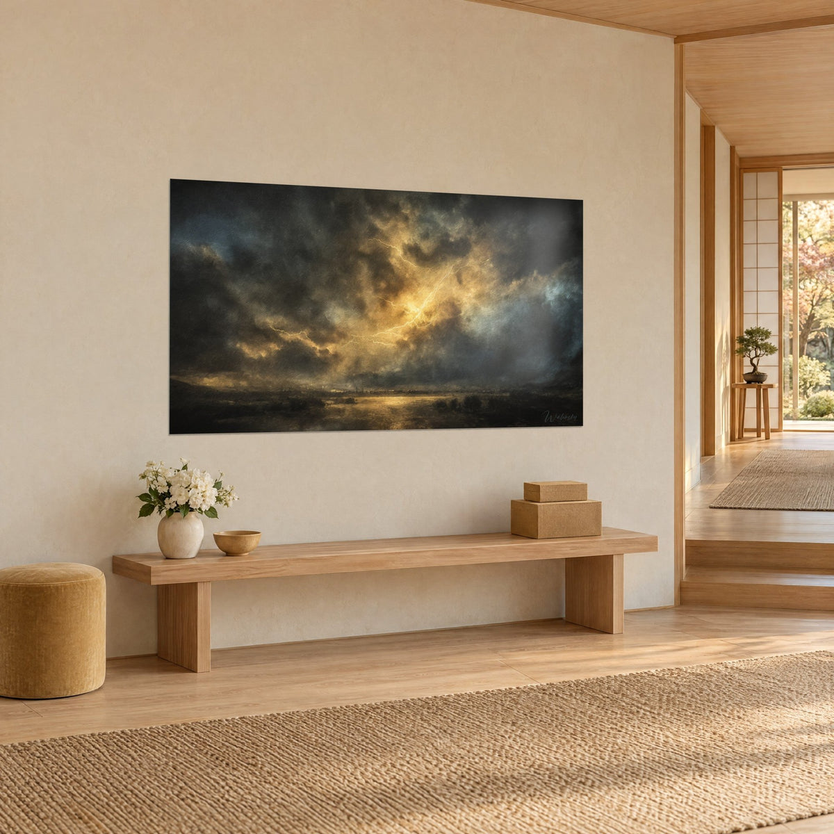 Quadro cielo tempestoso con nuvole grigio scuro trafitte da un bagliore ocra, riflesso dorato sull'acqua, vista di tre quarti accanto a una panca di legno