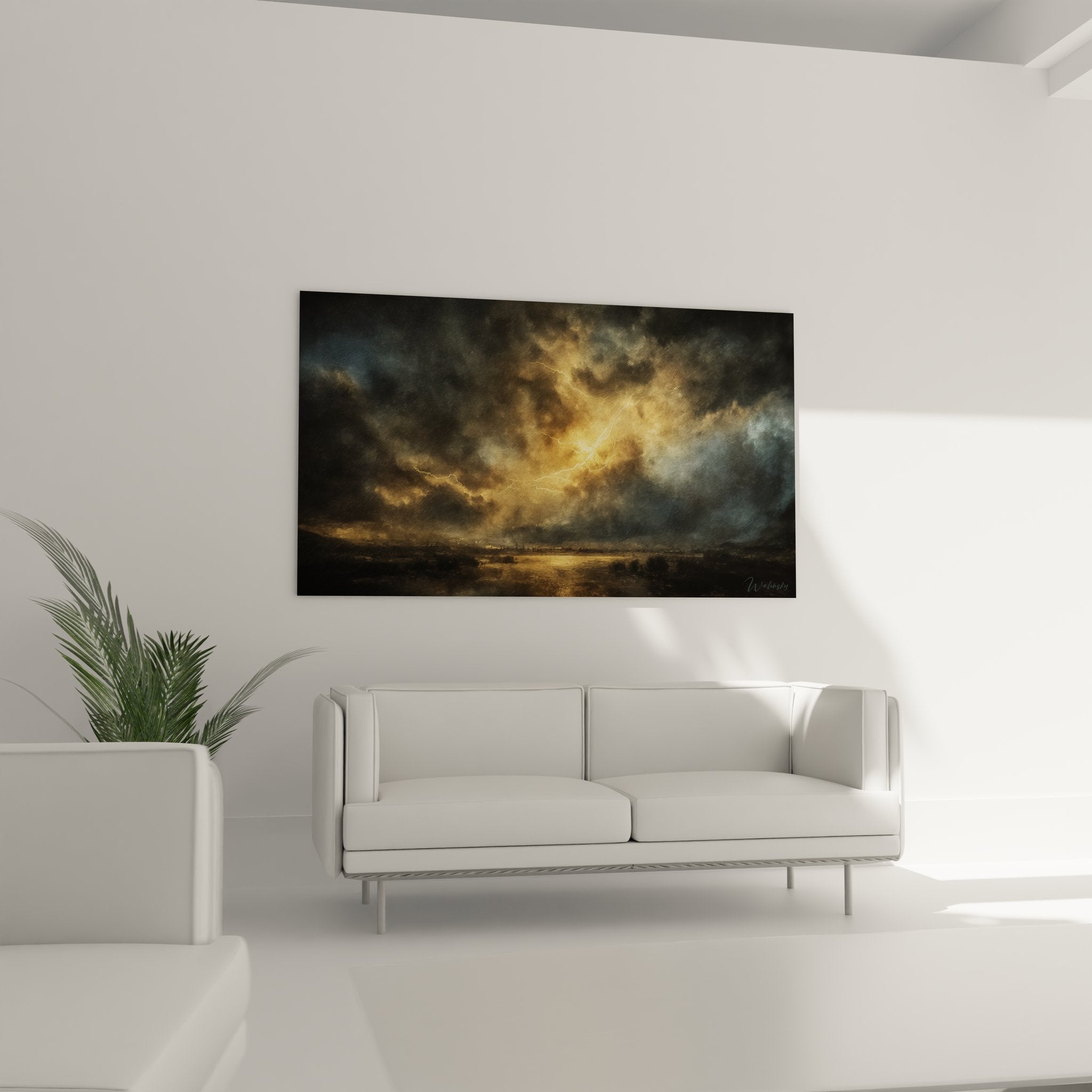 Gros plan tableau tempête électrique, détails éclairs dorés et nuages orageux