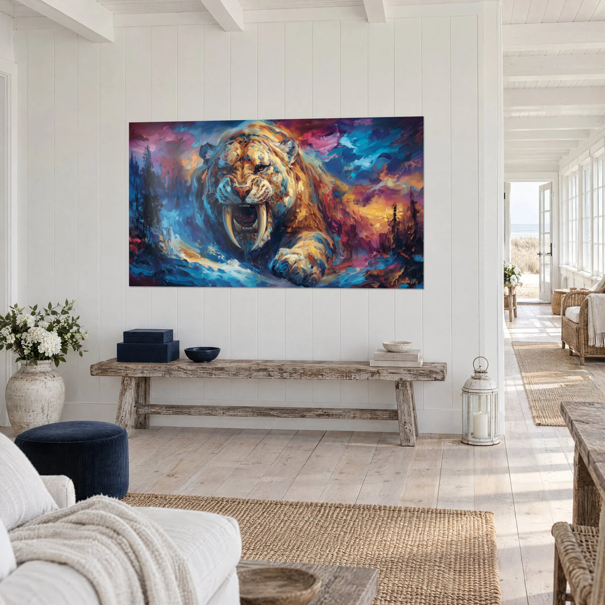 Gemälde Prähistorische Raubkatze mit langen Eckzähnen, orangefarbene pastose Farbaufträge und flammend violetter Himmel, dreiviertel Ansicht, Konsole aus rohem Holz