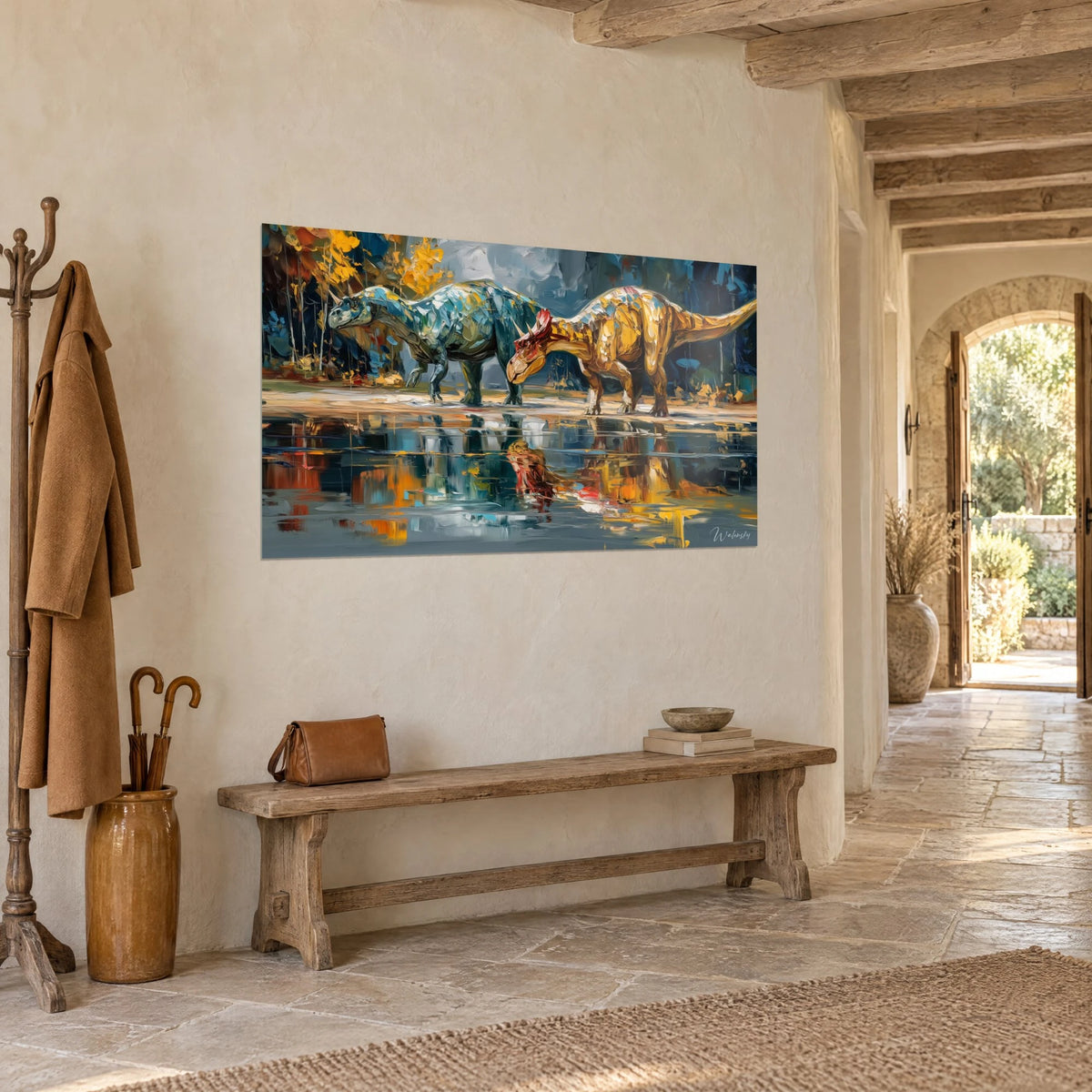 Wall art duo of prehistoric reptiles, red crest and ochre skin, ochre-blue frame, stone wall, three-quarter view