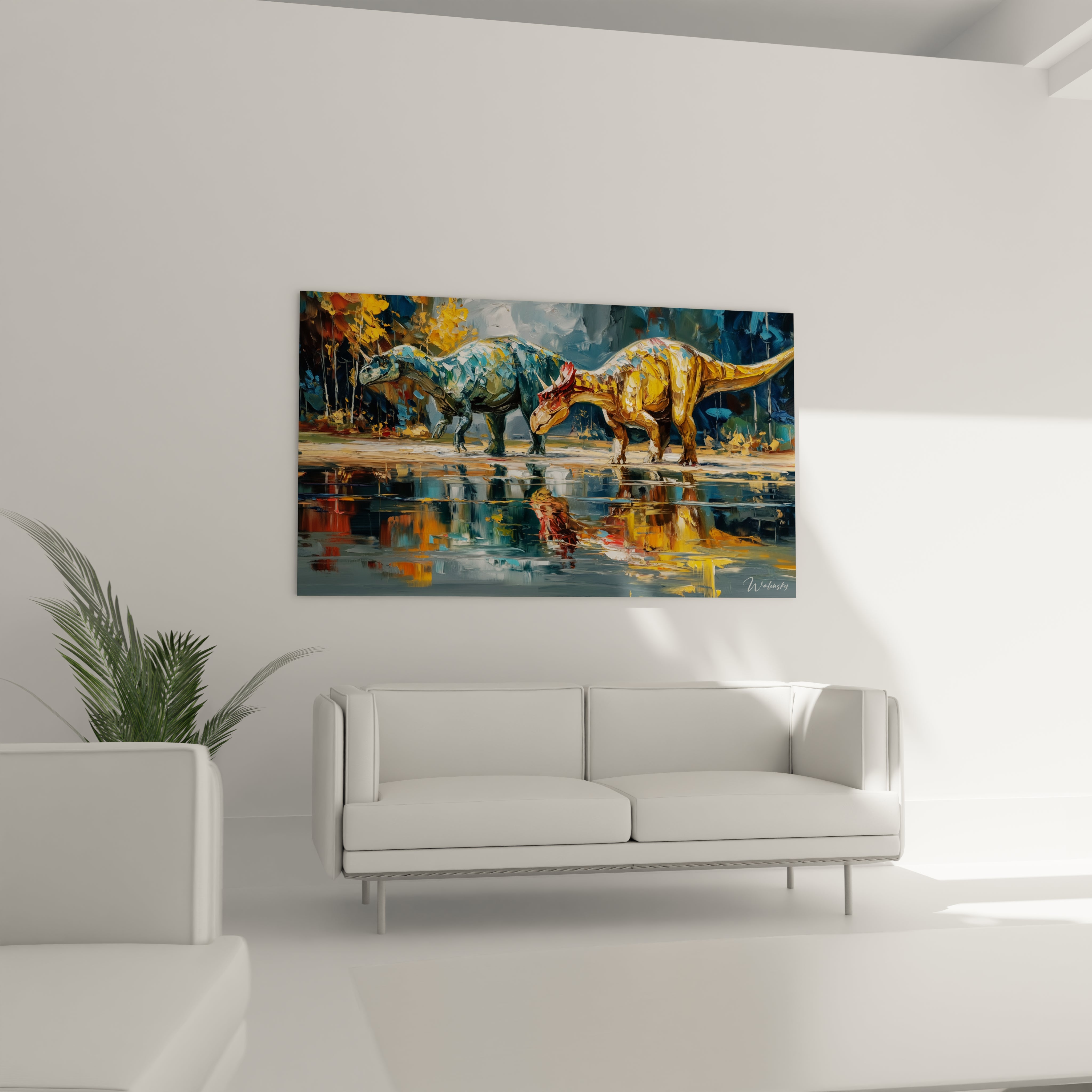 Gros plan tableau dinosaure Tricératops aux couleurs dorées avec détails artistiques impressionnistes