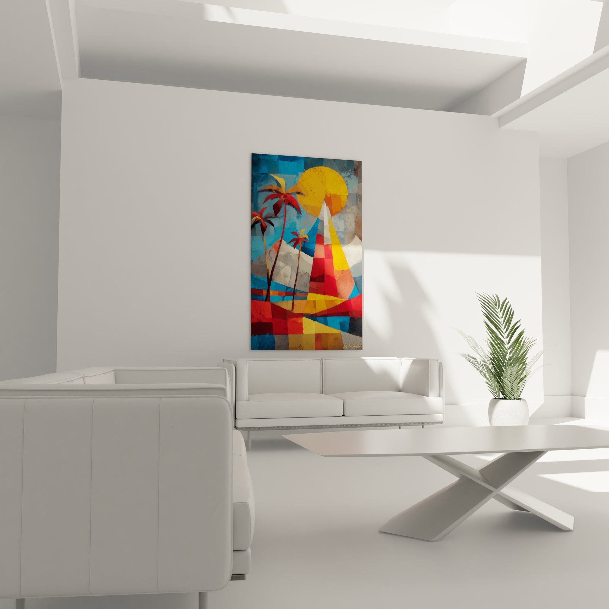 Détail gros plan tableau tropical abstrait montrant palmiers cubistes et formes géométriques