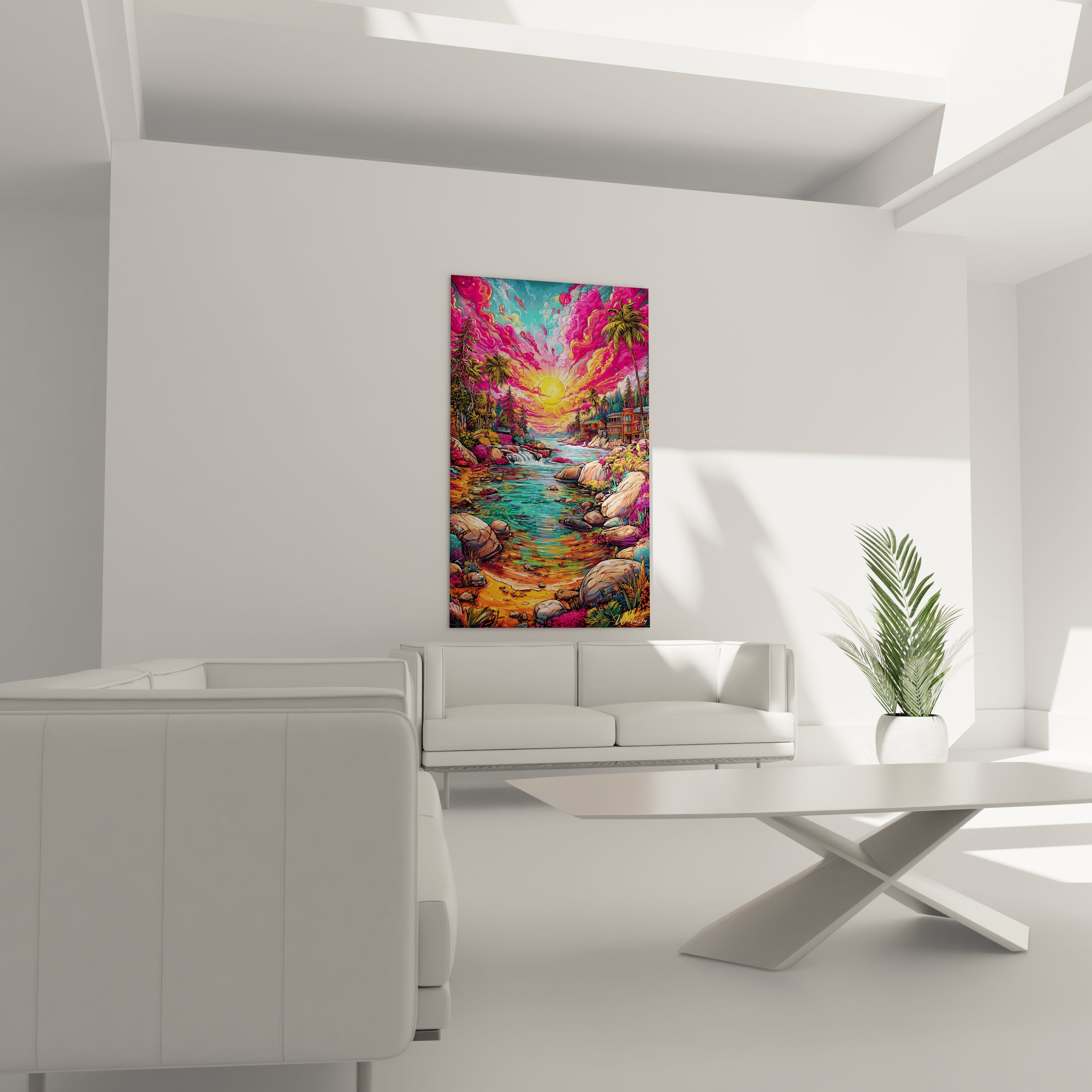 Gros plan détails tableau paysage tropical bande dessinée rivière cascades végétation luxuriante colorée