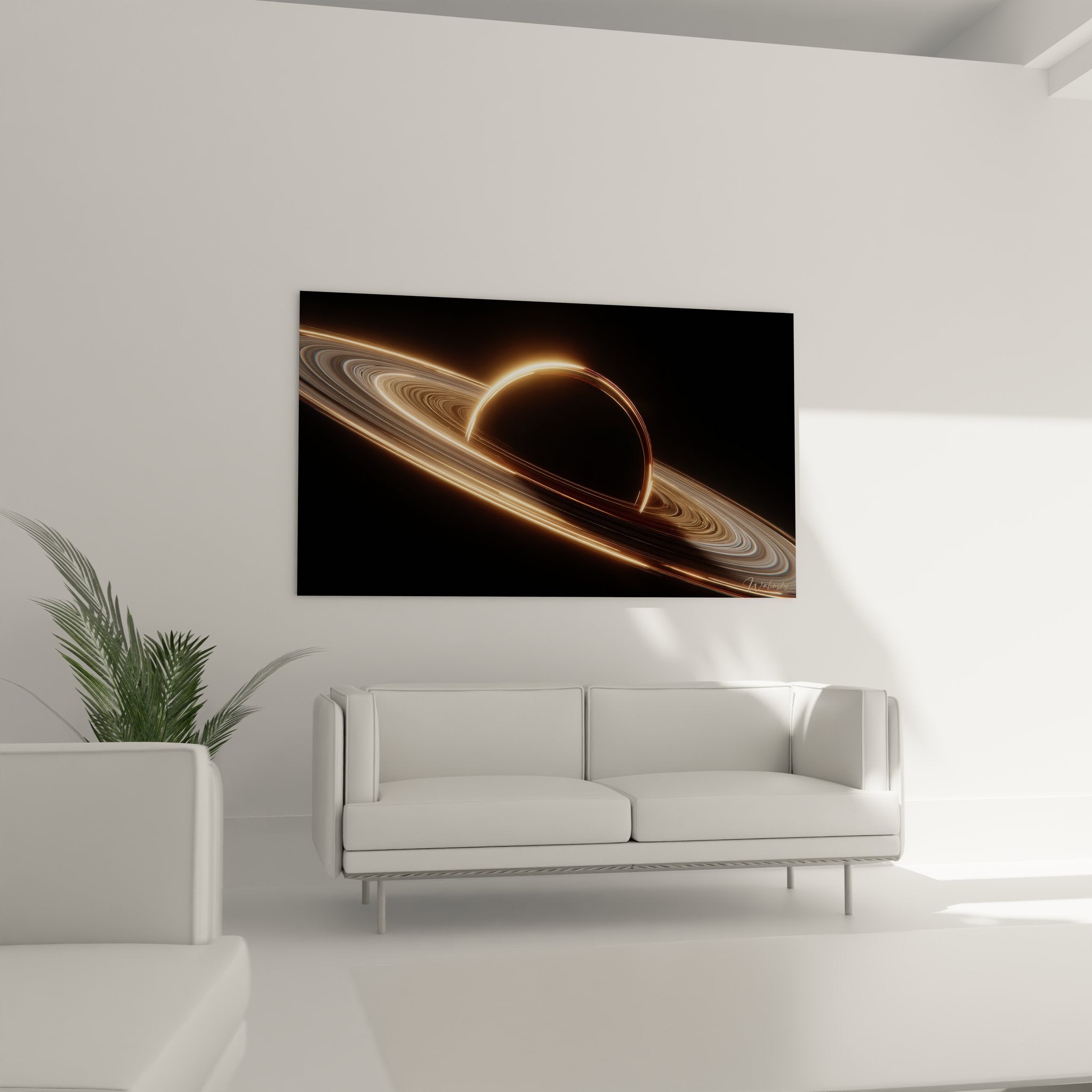 Gros plan tableau trou noir montrant détails anneaux lumineux dorés et effets de lumière