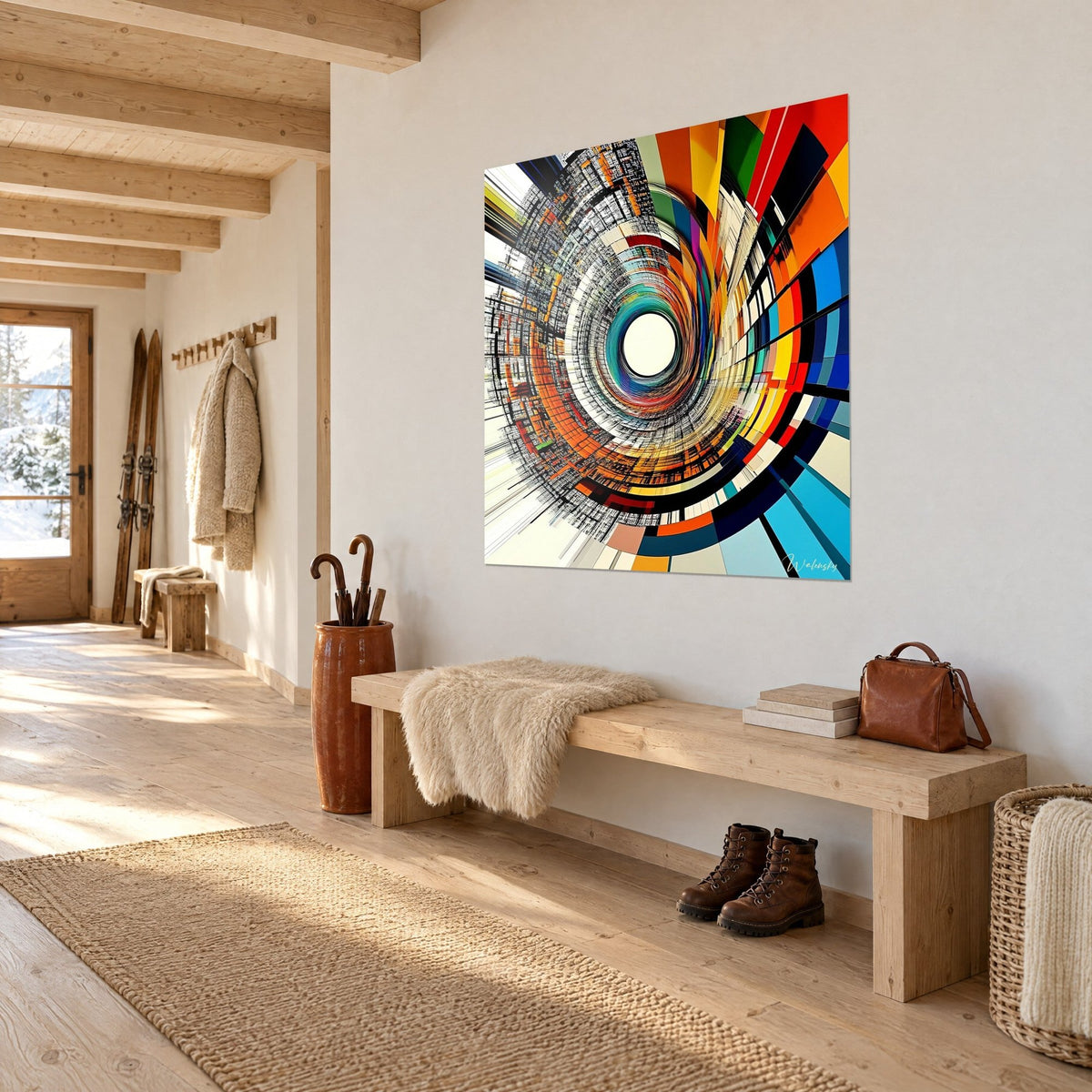 Wall art abstract vortex with orange, blue and yellow stripes, seen at three-quarter angle on a white wall, chalet-style wooden entryway