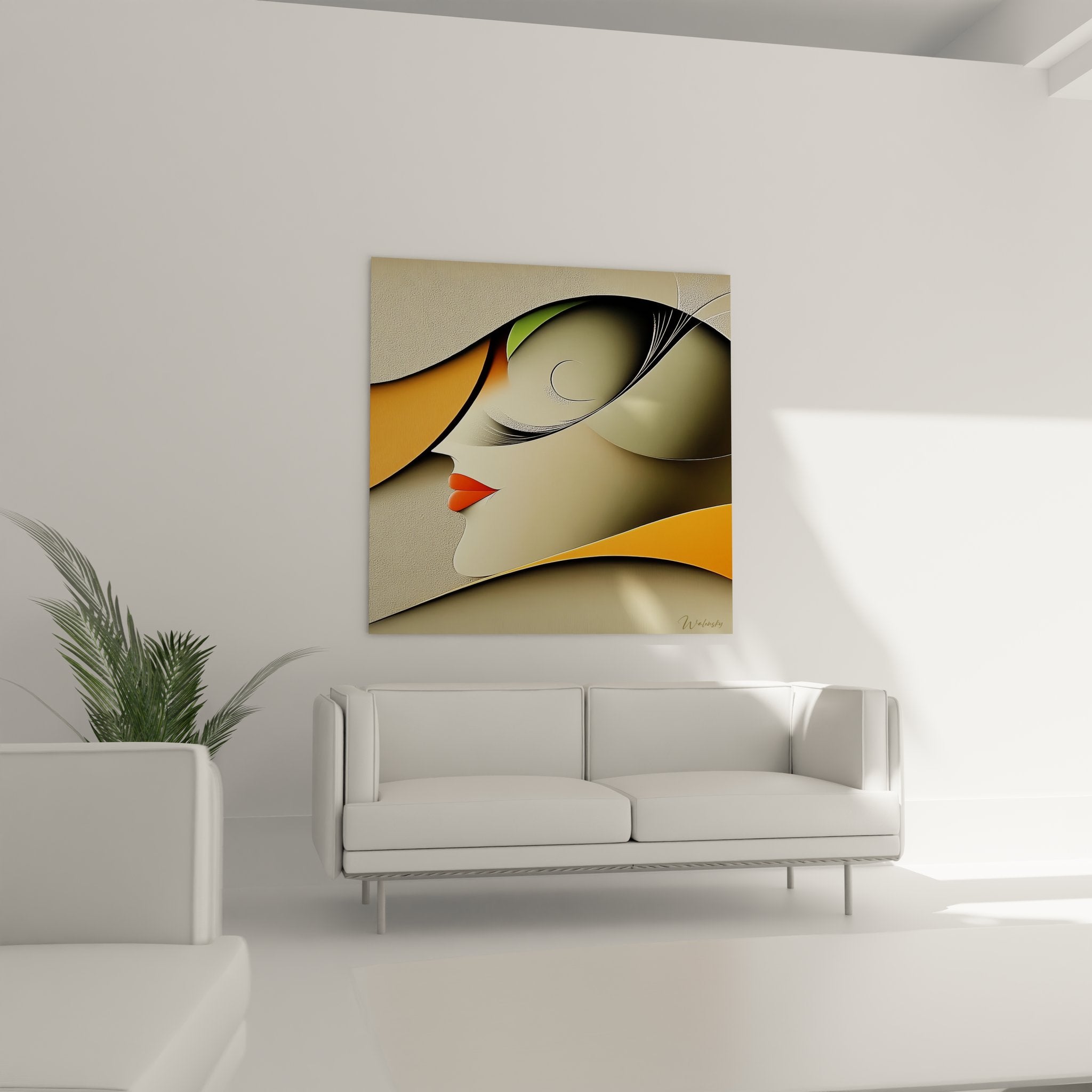 Gros plan tableau abstrait visage féminin détails relief courbes minimalistes art moderne