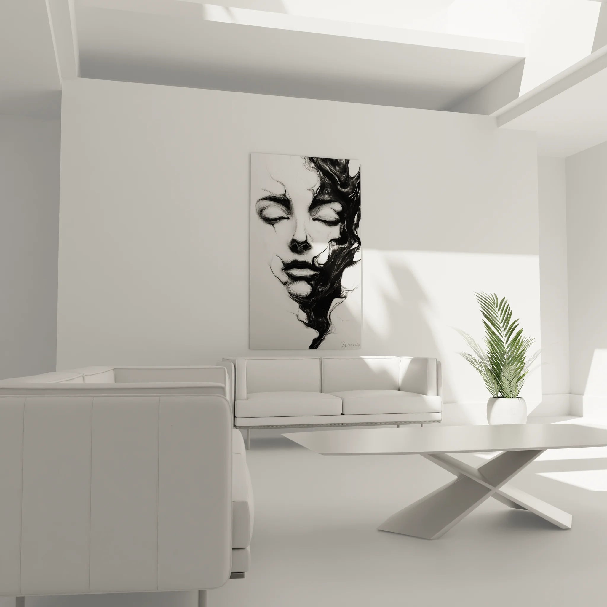 Gros plan tableau visage féminin fluide montrant détails des formes liquides en noir et blanc artistique