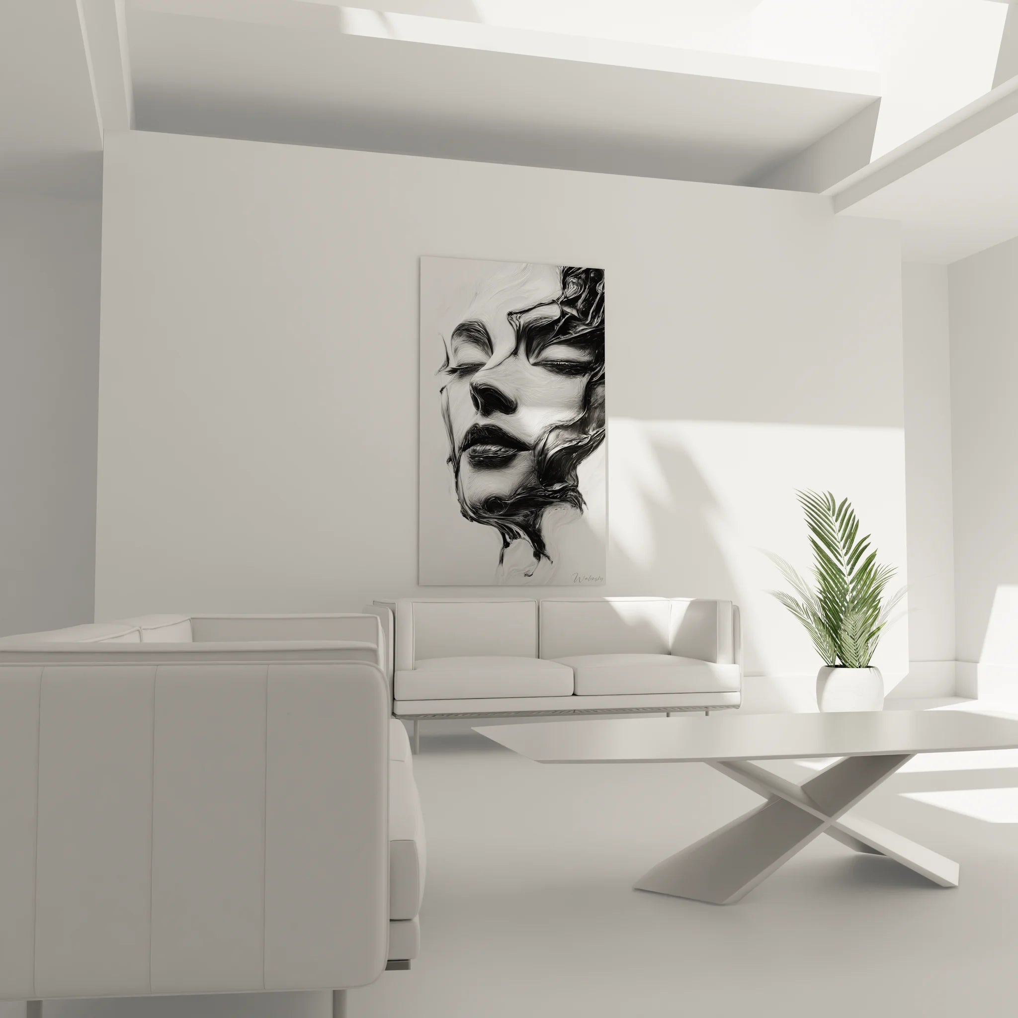 Gros plan tableau visage femme métamorphose fluide art mural contemporain noir blanc