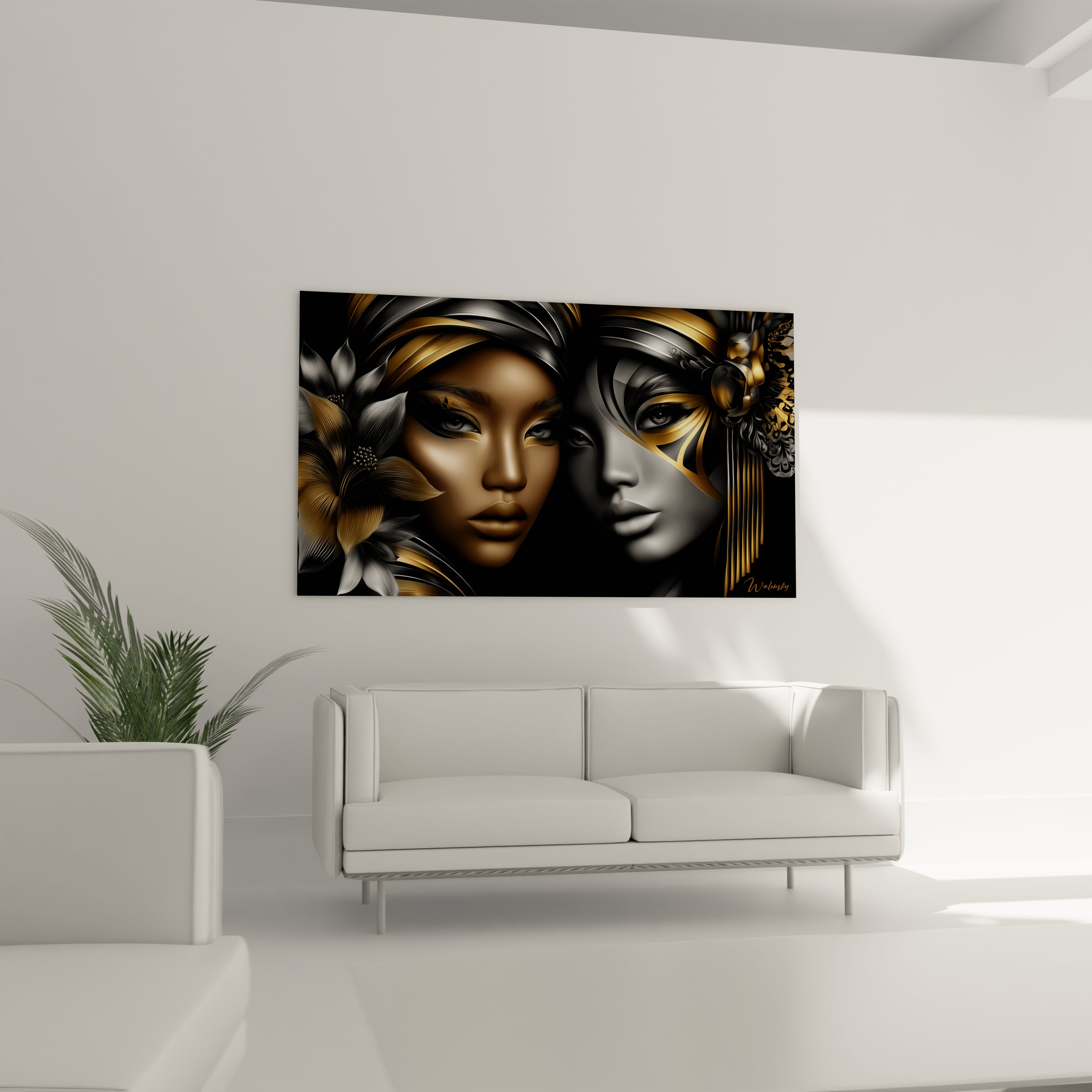Gros plan tableau visages féminins détails ornements dorés art contemporain