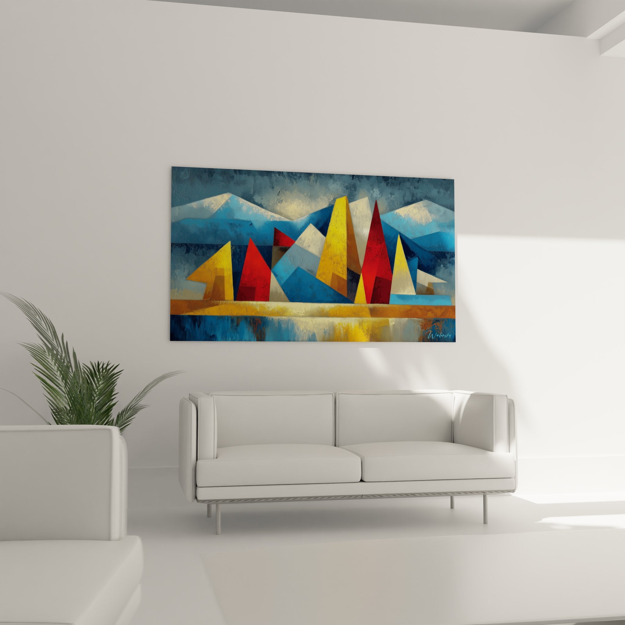 Gros plan tableau voiliers triangulaires colorés rouge jaune bleu style géométrique art mural détaillé