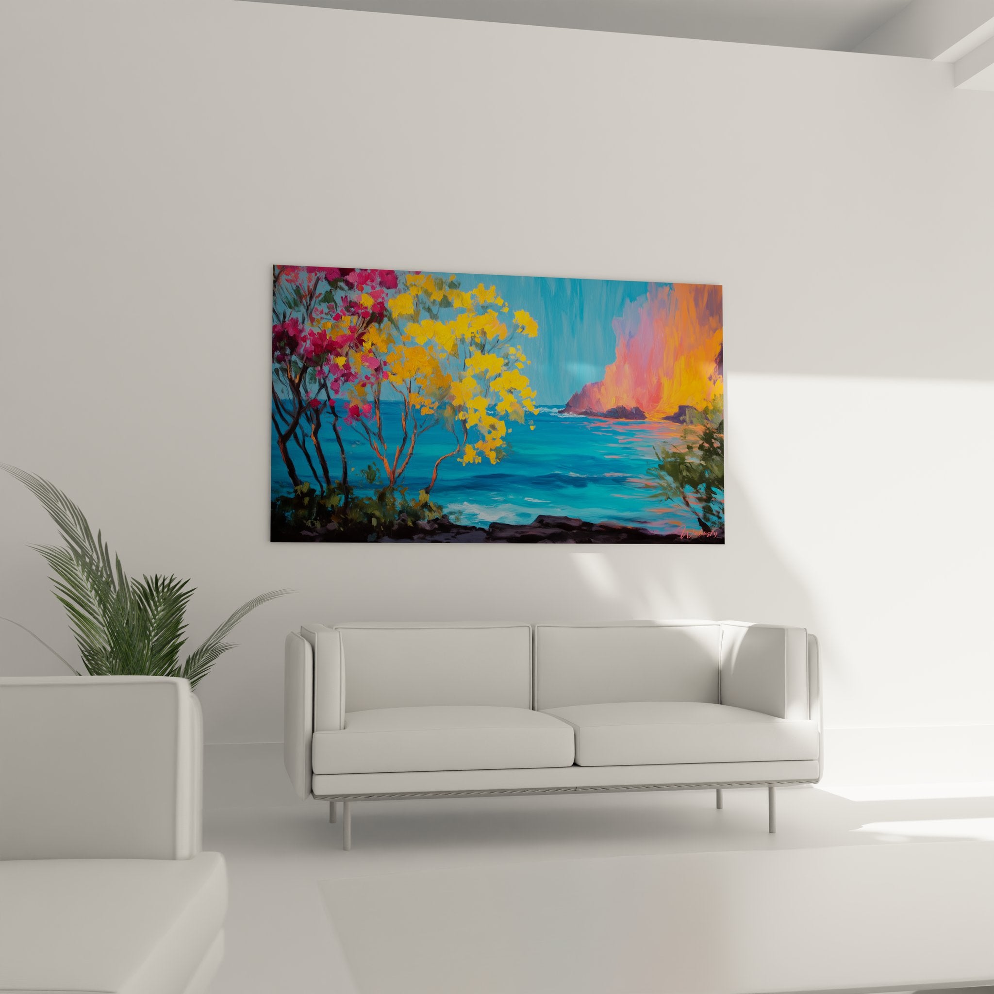 Gros plan tableau volcan montrant détails éruption tropicale et technique picturale colorée