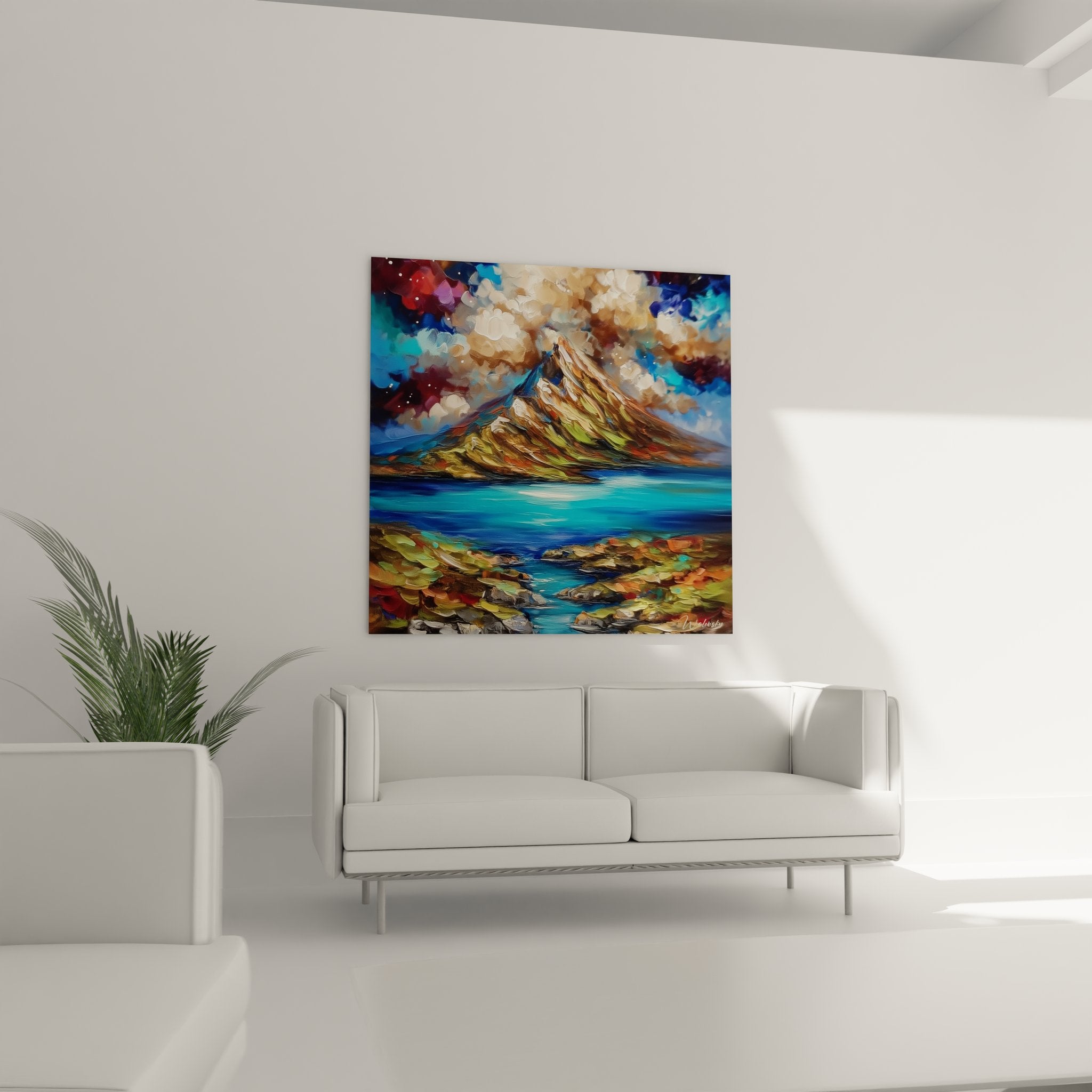 Gros plan tableau volcan - détails peinture montagne volcanique couleurs chaudes et froides