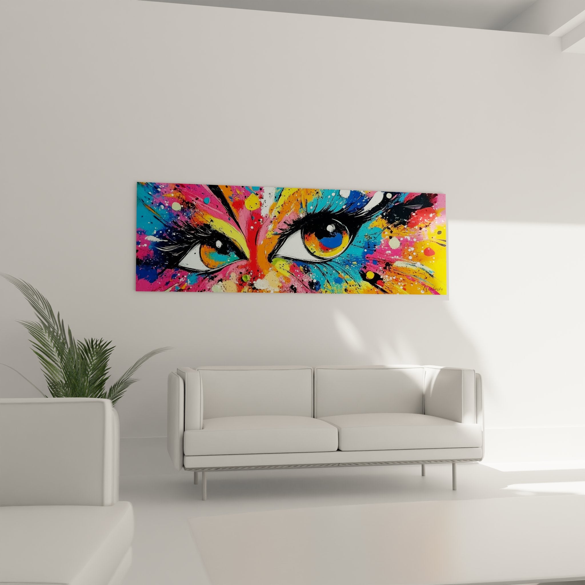 Gros plan tableau yeux colorés montrant détails iris orange bleu et projections peinture multicolore