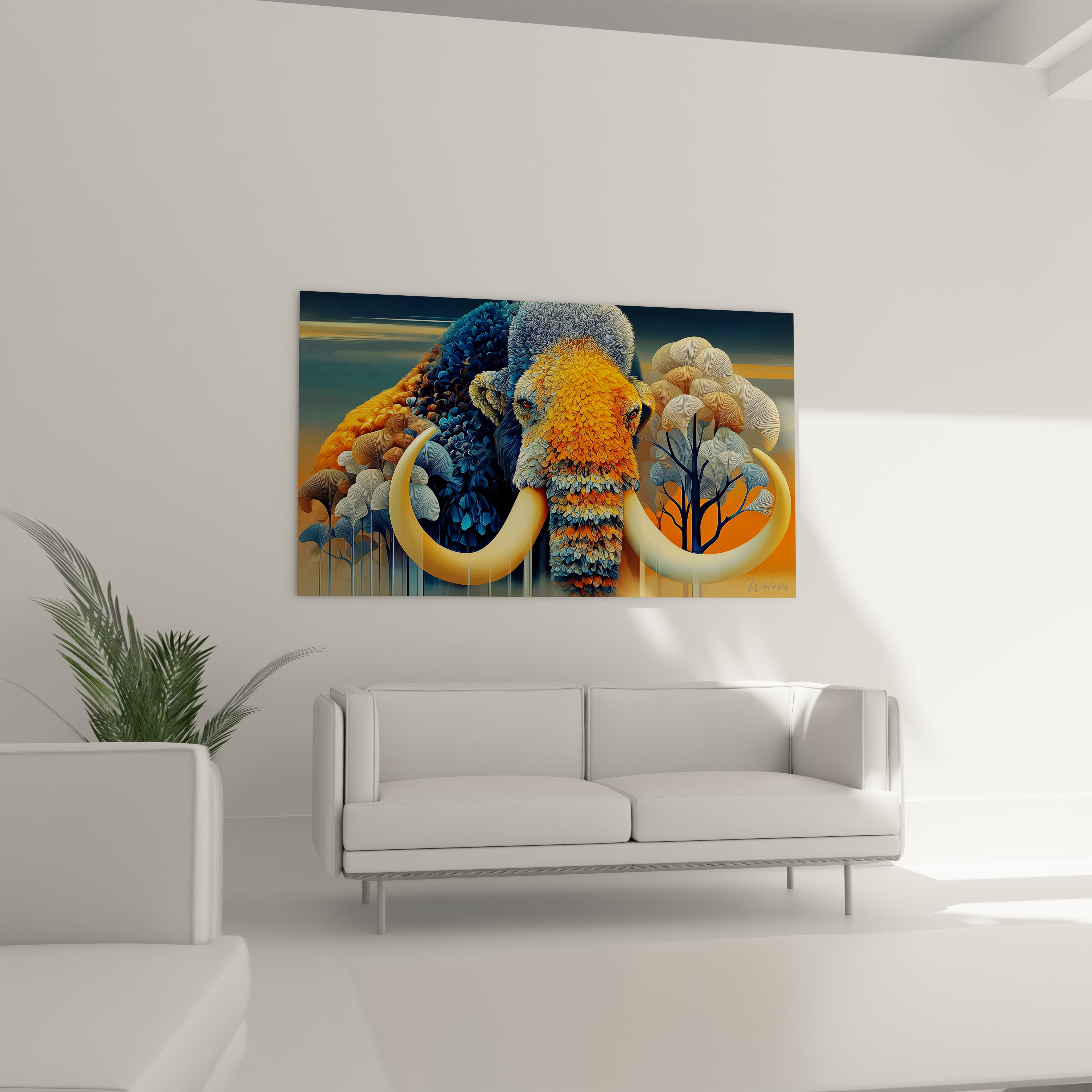 Gros plan détaillé texture écailles mammouth laineux tableau art préhistorique orange bleu