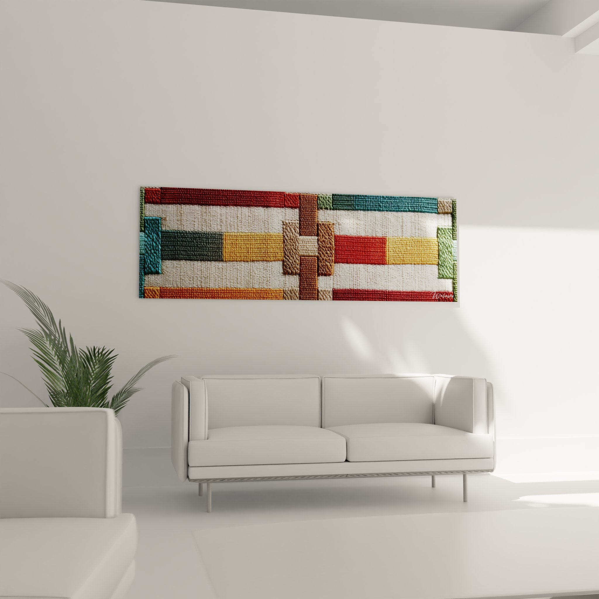 Gros plan texture et détails motifs géométriques tableau textile africain contemporain