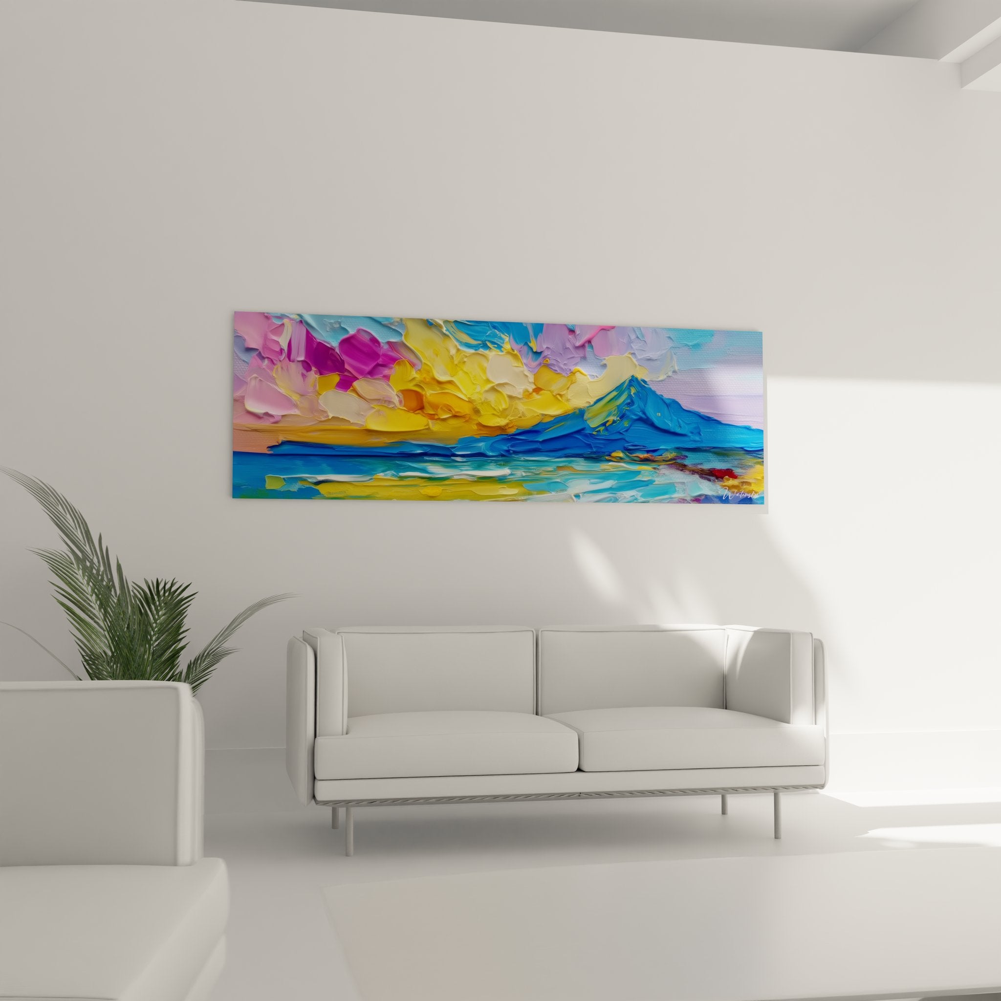 Gros plan texture impasto du tableau éruption volcanique montrant les détails colorés