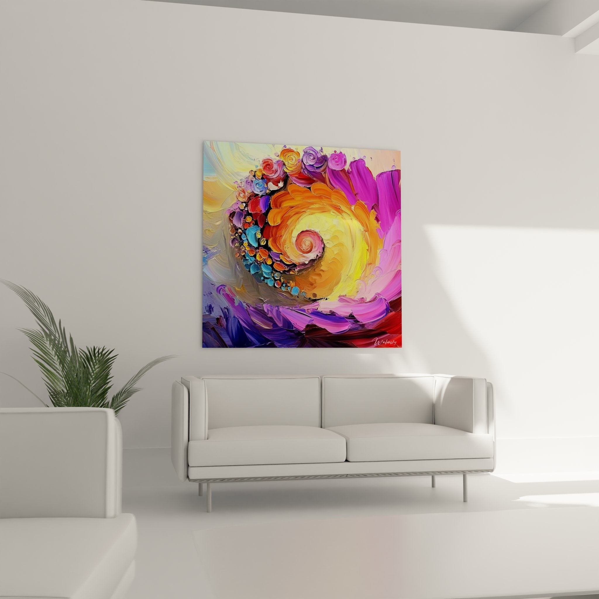 Gros plan texture peinture épaisse spirale abstrait, détails couleurs vibrantes orange violet doré