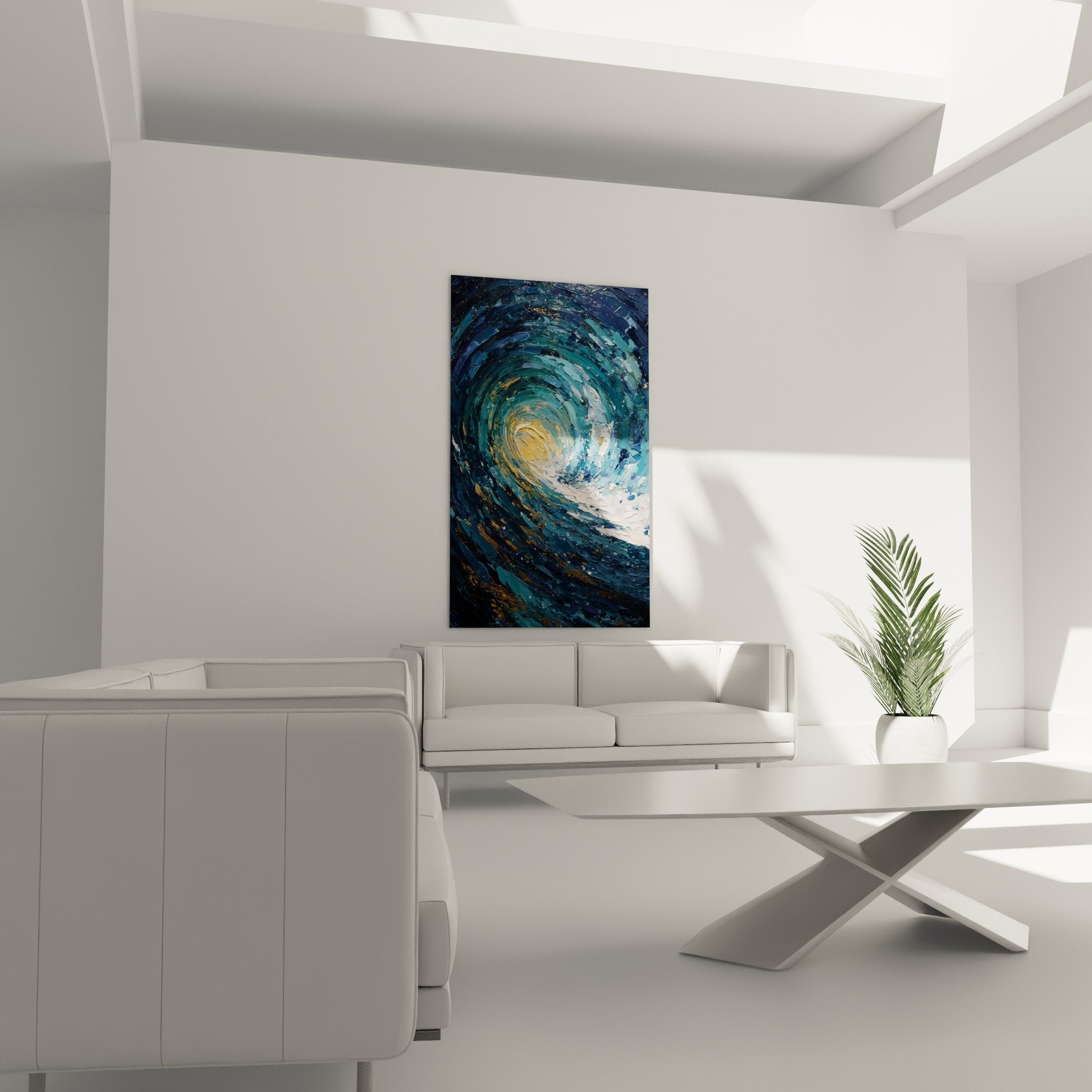 Close-up textured relief spiral blue gold thick impasto aquatic wave feng shui north water