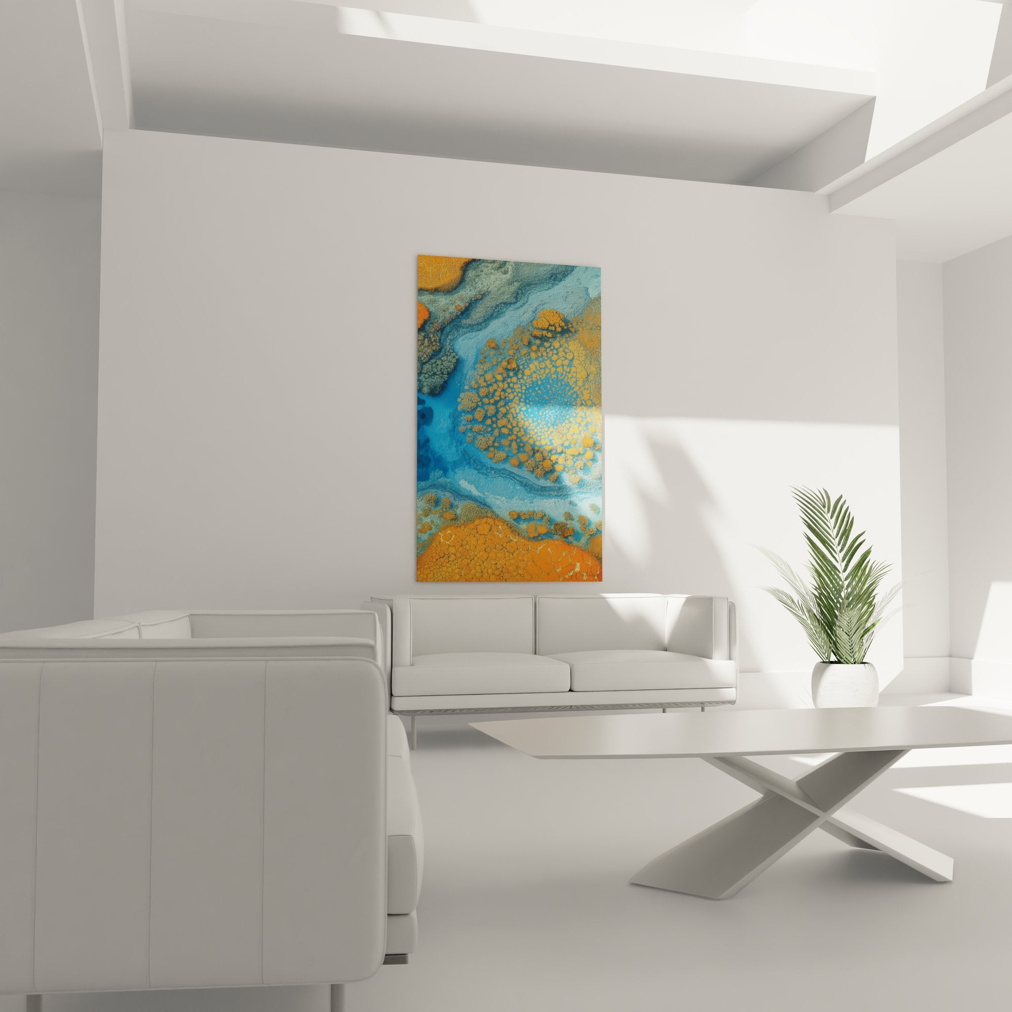 Gros plan texture tableau atoll corallien, détails peinture océanique turquoise et formations dorées