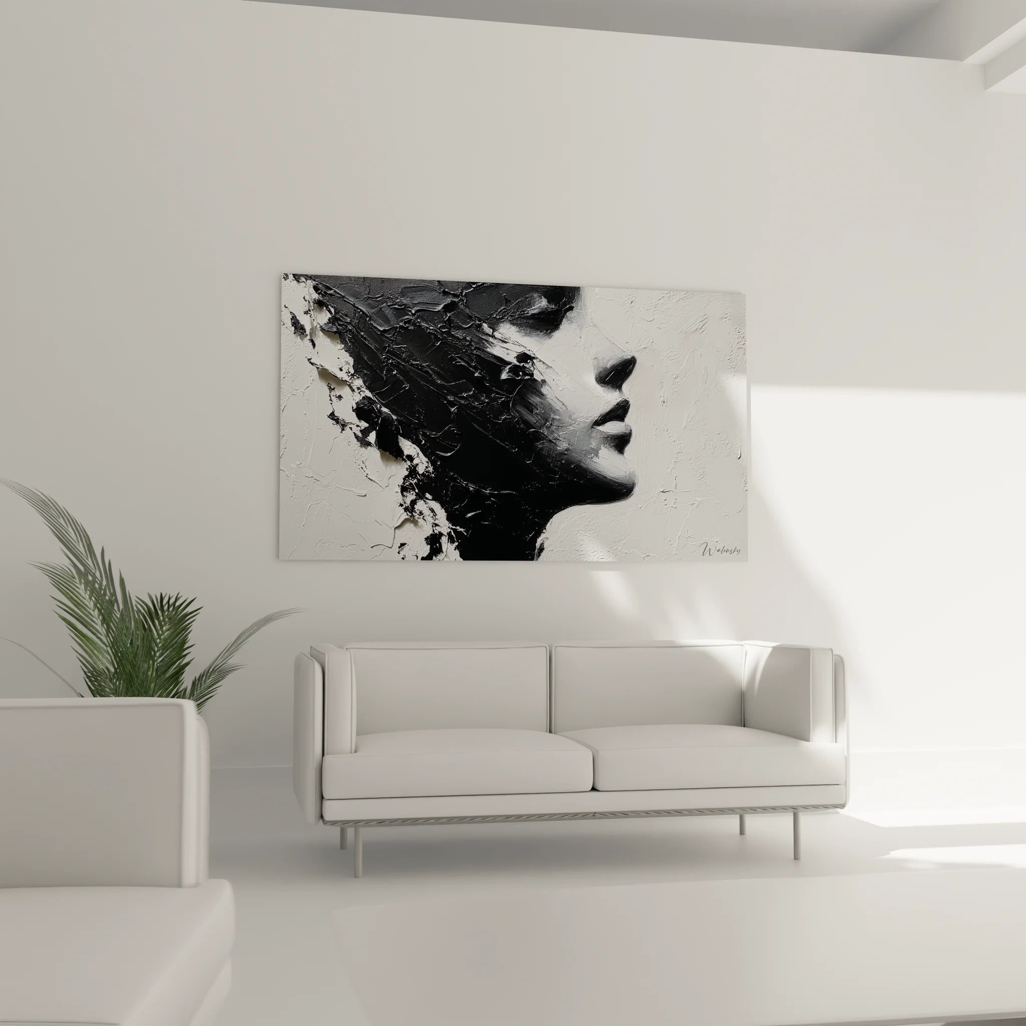 Gros plan texture peinture tableau femme profil montrant détails empâtement noir et blanc