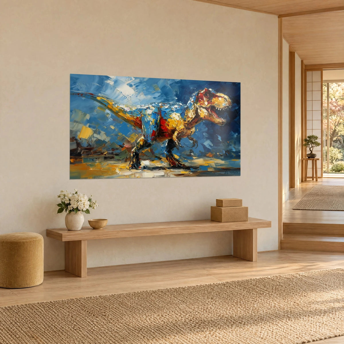 Gemälde Spachtel-Tyrannosaurus, blaukobaltfarbene und leuchtend rote Flanken, aufgerissenes Maul, über einer Bank aus hellem Holz, Dreiviertelansicht