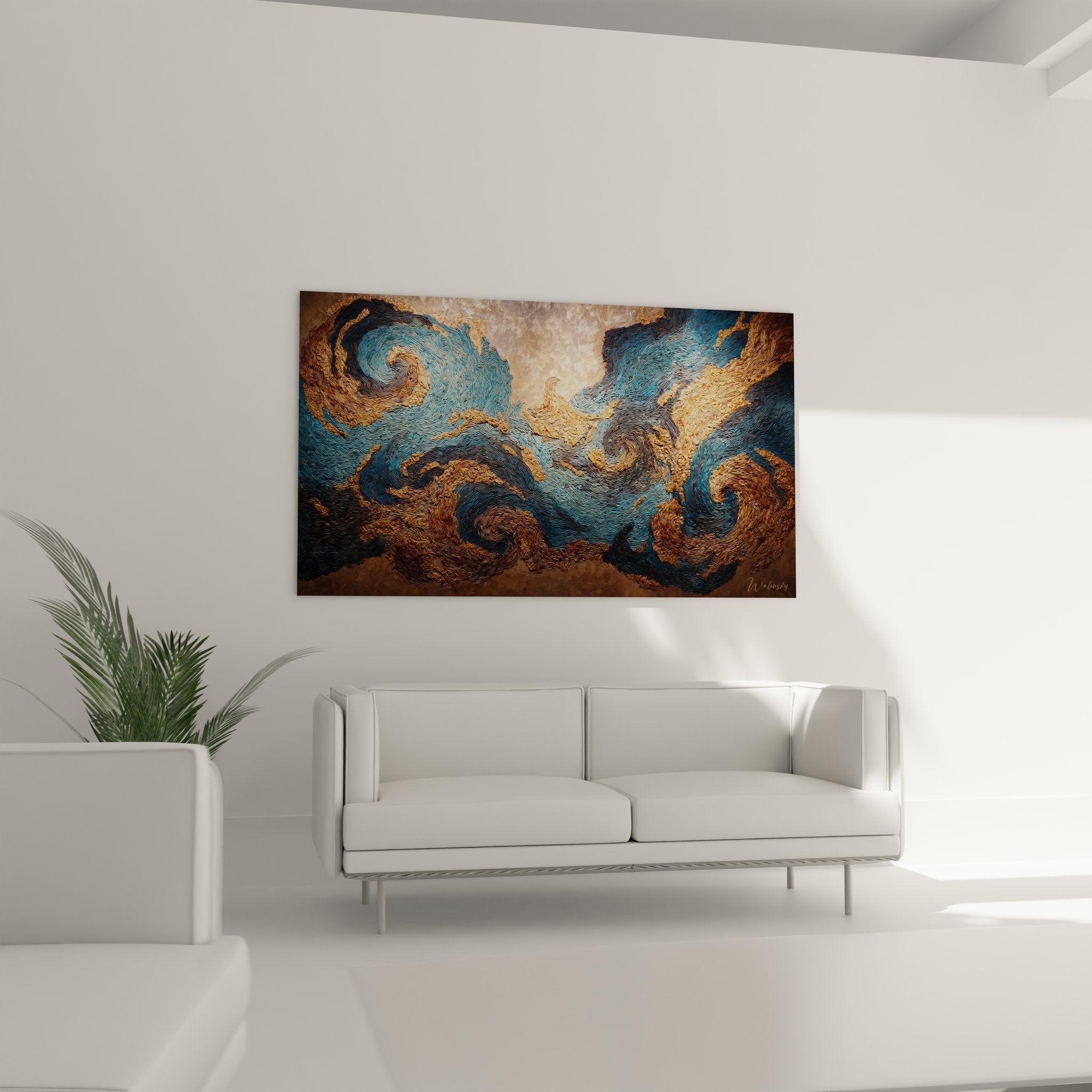 Gros plan texture relief tableau tourbillons cosmiques détails spirales dorées et bleues art abstrait