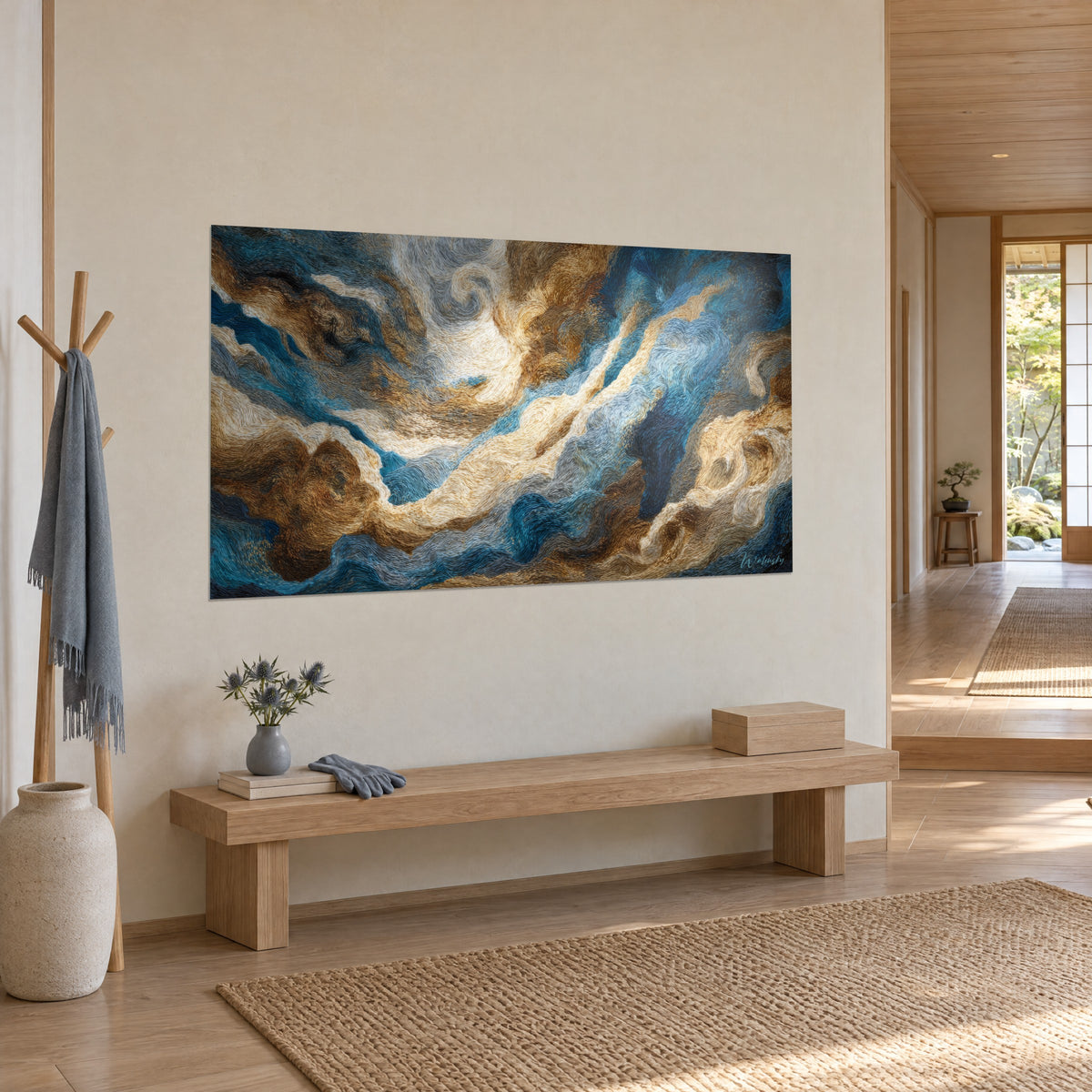 Tableau tourbillons océaniques bleu turquoise et brun cuivré, accroché en vue de trois-quarts près d'un banc en bois clair