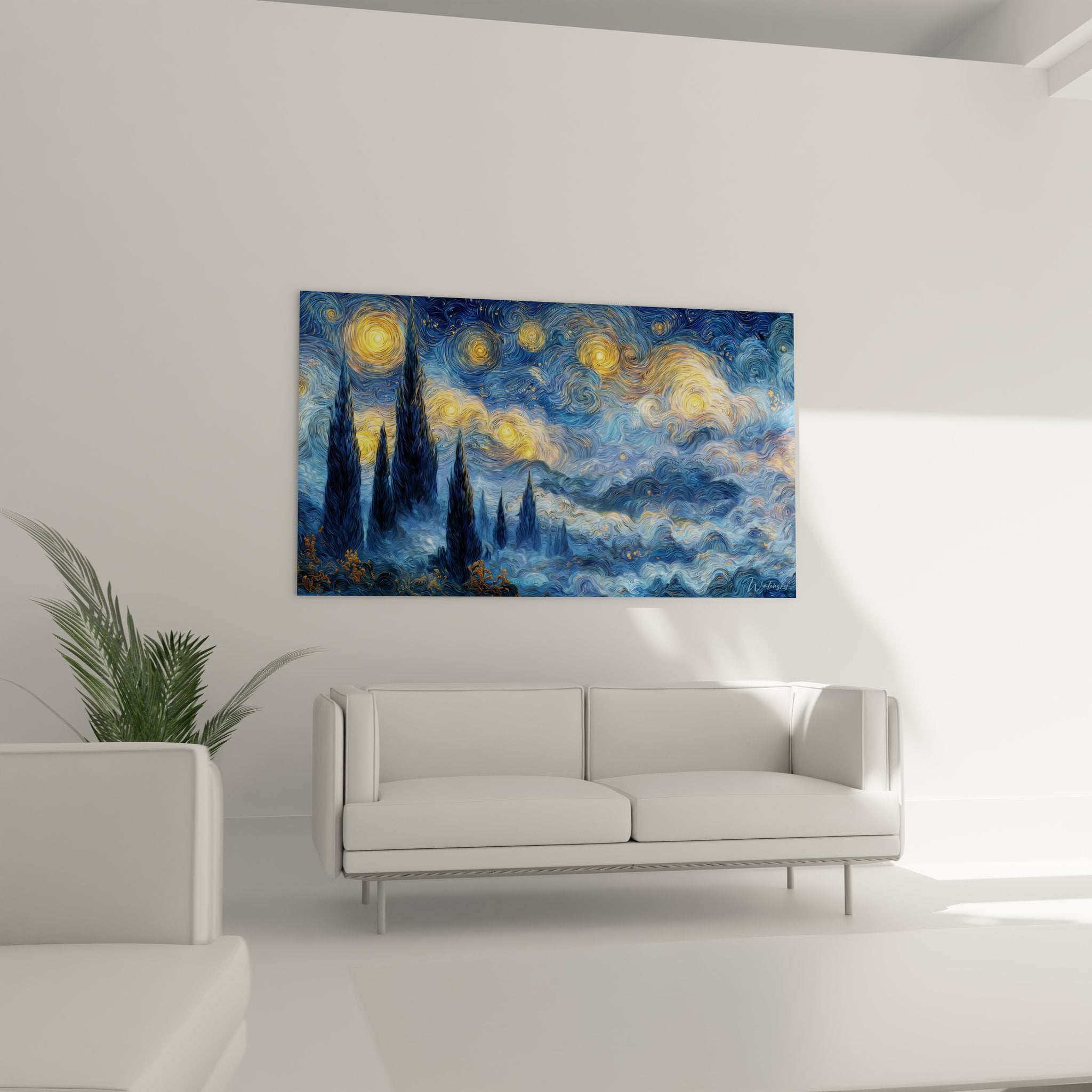 Détail gros plan tourbillons dorés et texture peinture tableau paysage nocturne étoilé