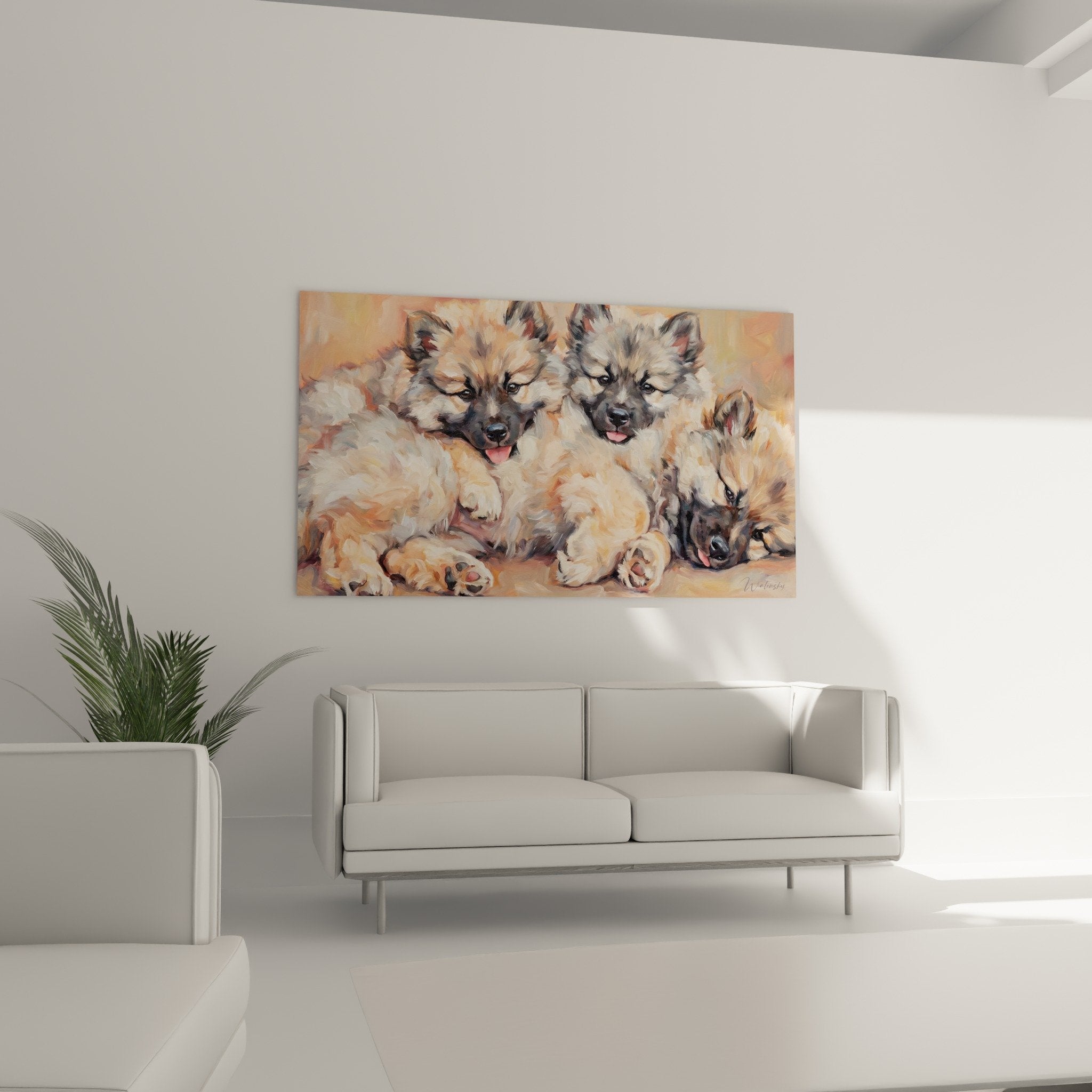 Gros plan trio jeunes Keeshonds pelages creme gris expressions tendres langues roses touches picturales