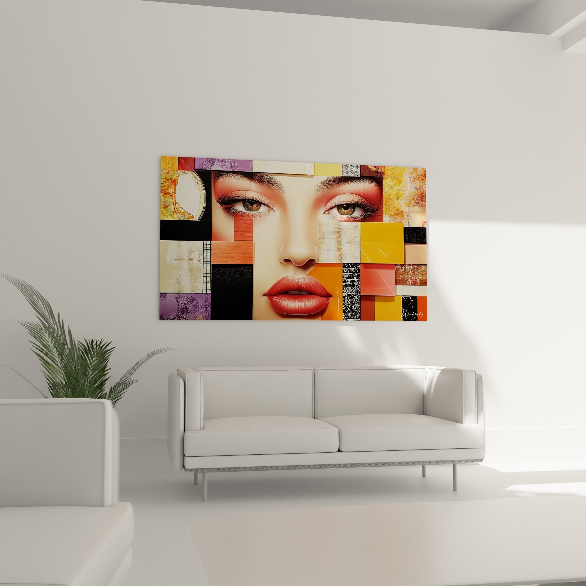 Gros plan tableau visage féminin fragmenté mosaïque colorée art contemporain figuratif abstrait
