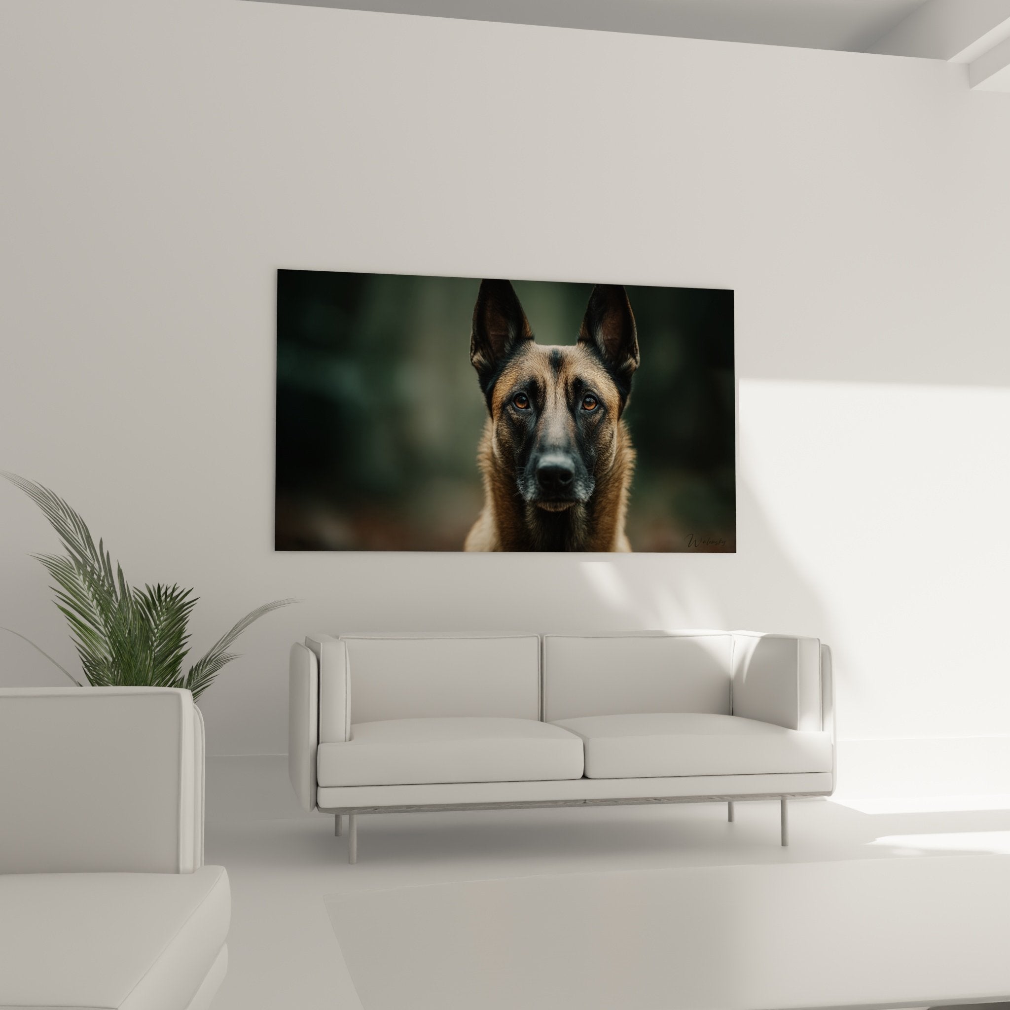 Nahaufnahme des intensiven Blicks mit goldenen Augen des Belgischen Schäferhunds Malinois - künstlerisches Hundeporträt-Detail