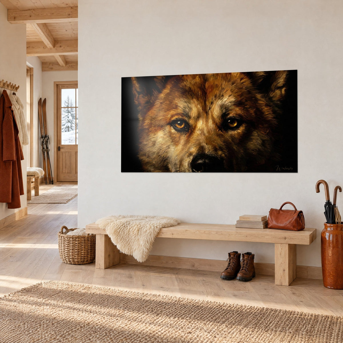 Wall art portrait of an Akita Inu with a golden gaze, dark muzzle and copper-toned fur, hung above a chalet bench