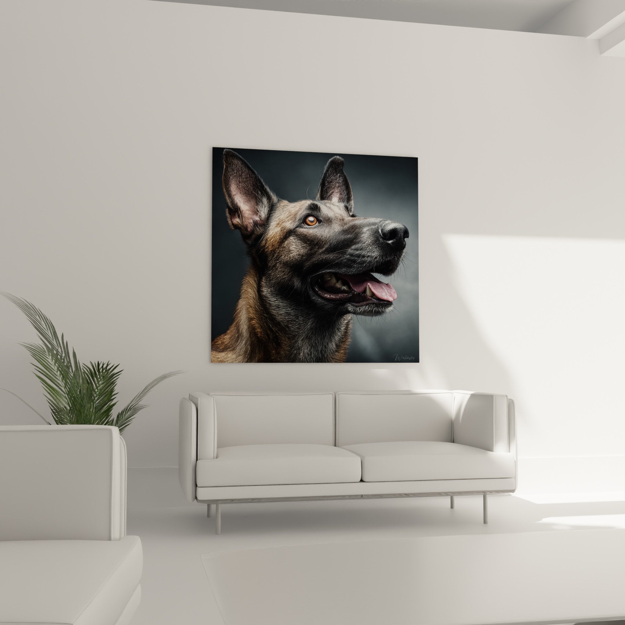 primo piano occhi ambrati pastore belga malinois dettaglio mantello fulvo nero ritratto realistico