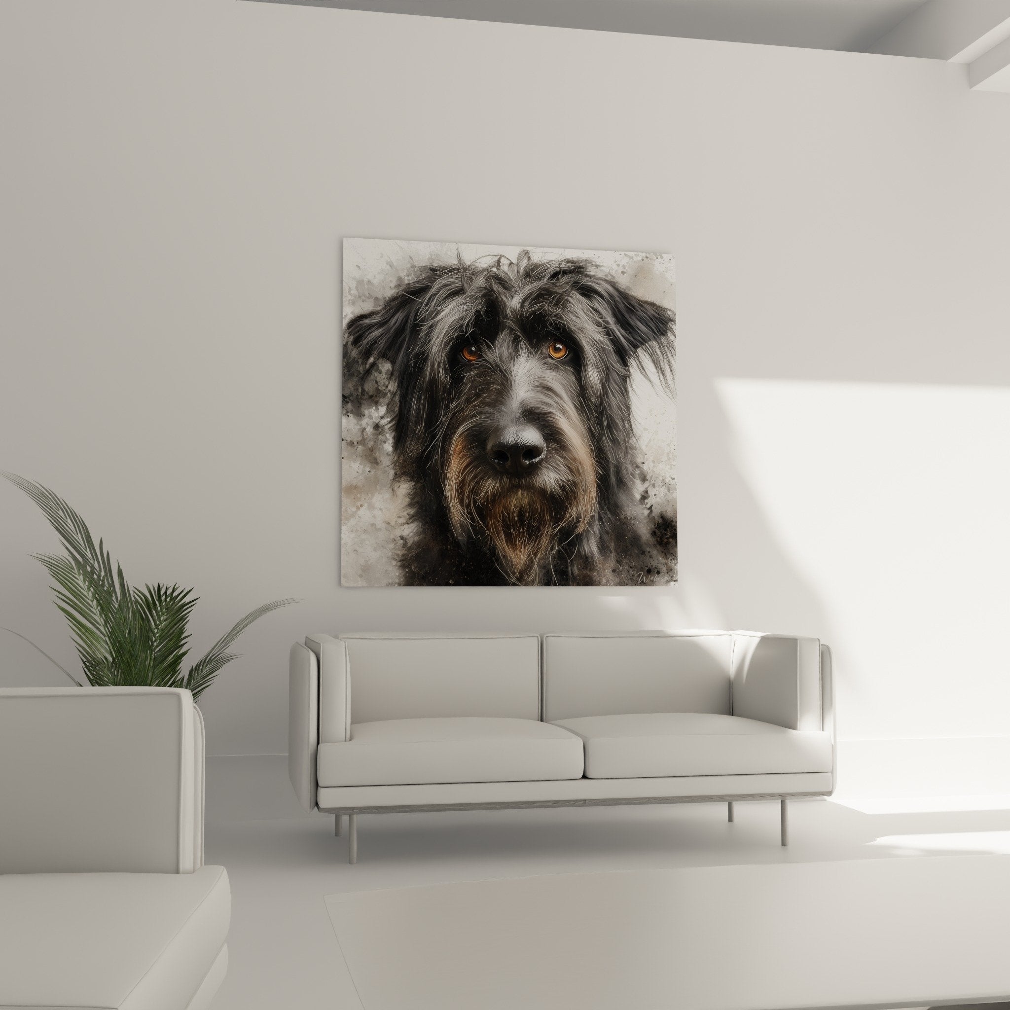 Gros plan regard intense briard yeux ambrés pelage texturé détails réalistes portrait canin artistique