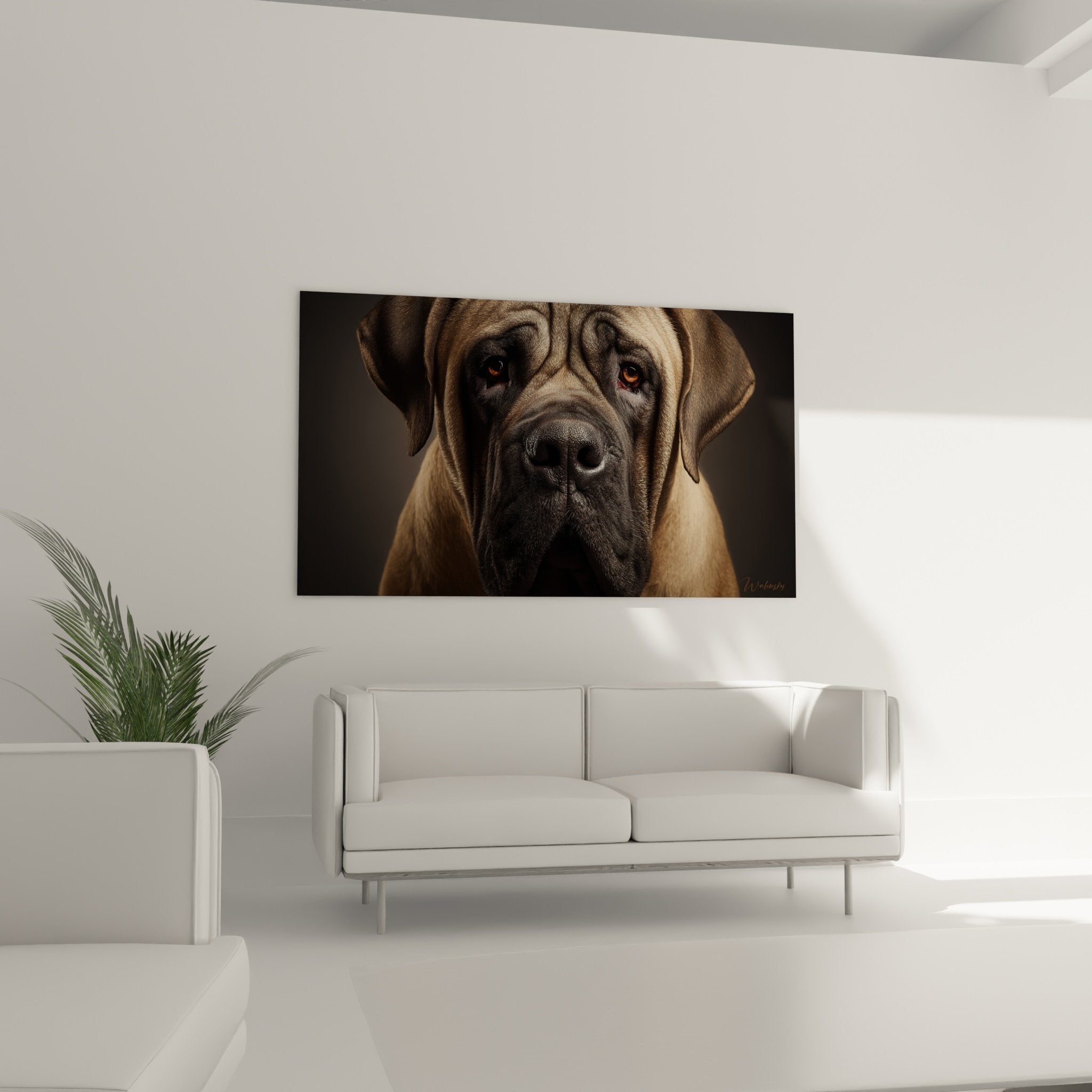 Gros plan sur les yeux ambrés expressifs et le museau noir d'un Mastiff Anglais au regard profond