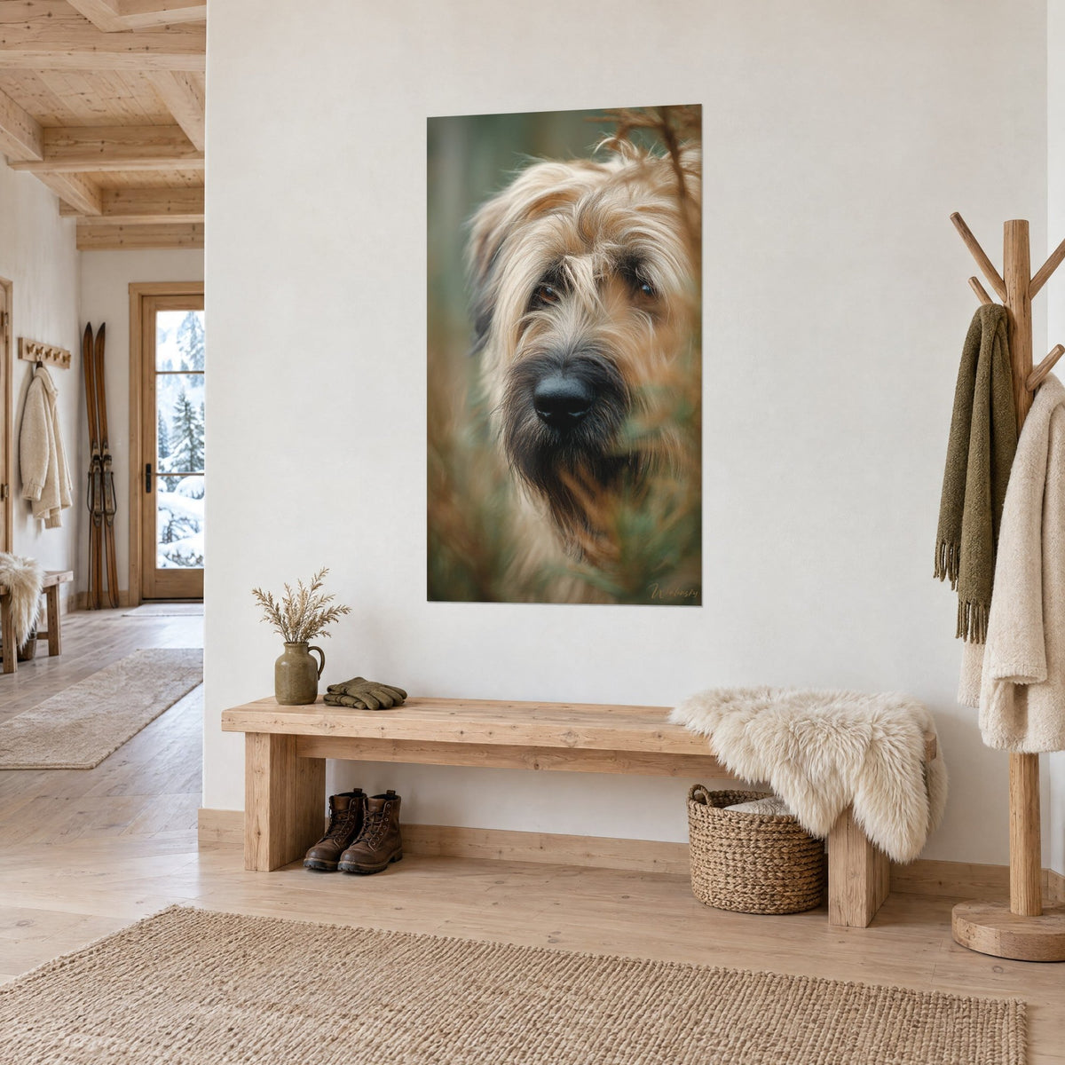 Wall art canine portrait with amber eyes under a golden fringe, blurred green background, on the white wall of a chalet entrance hall