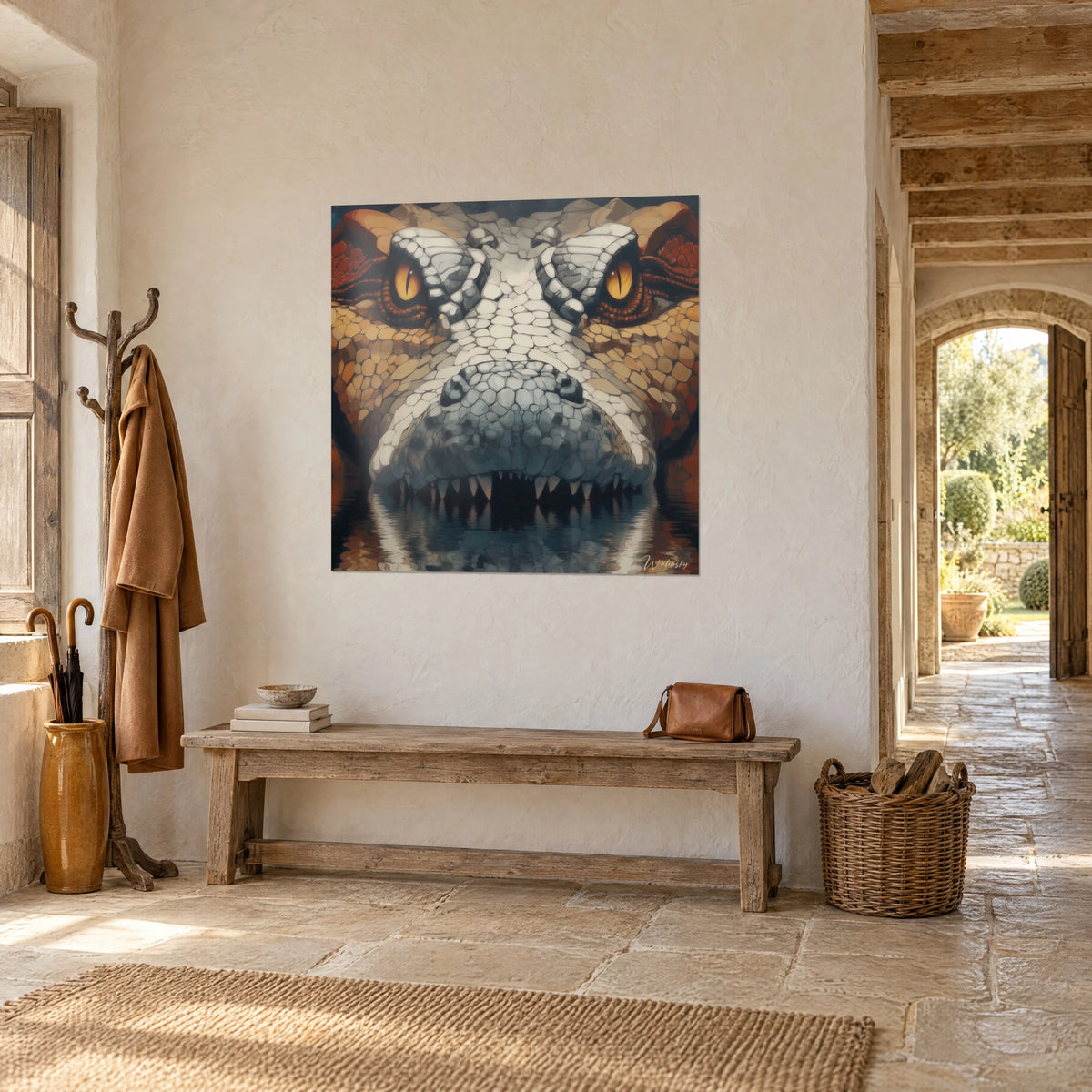 Tableau reptile géant au museau blanc cassé et iris dorés, écailles roux brique, sur un mur crépi près d'une arche de pierre