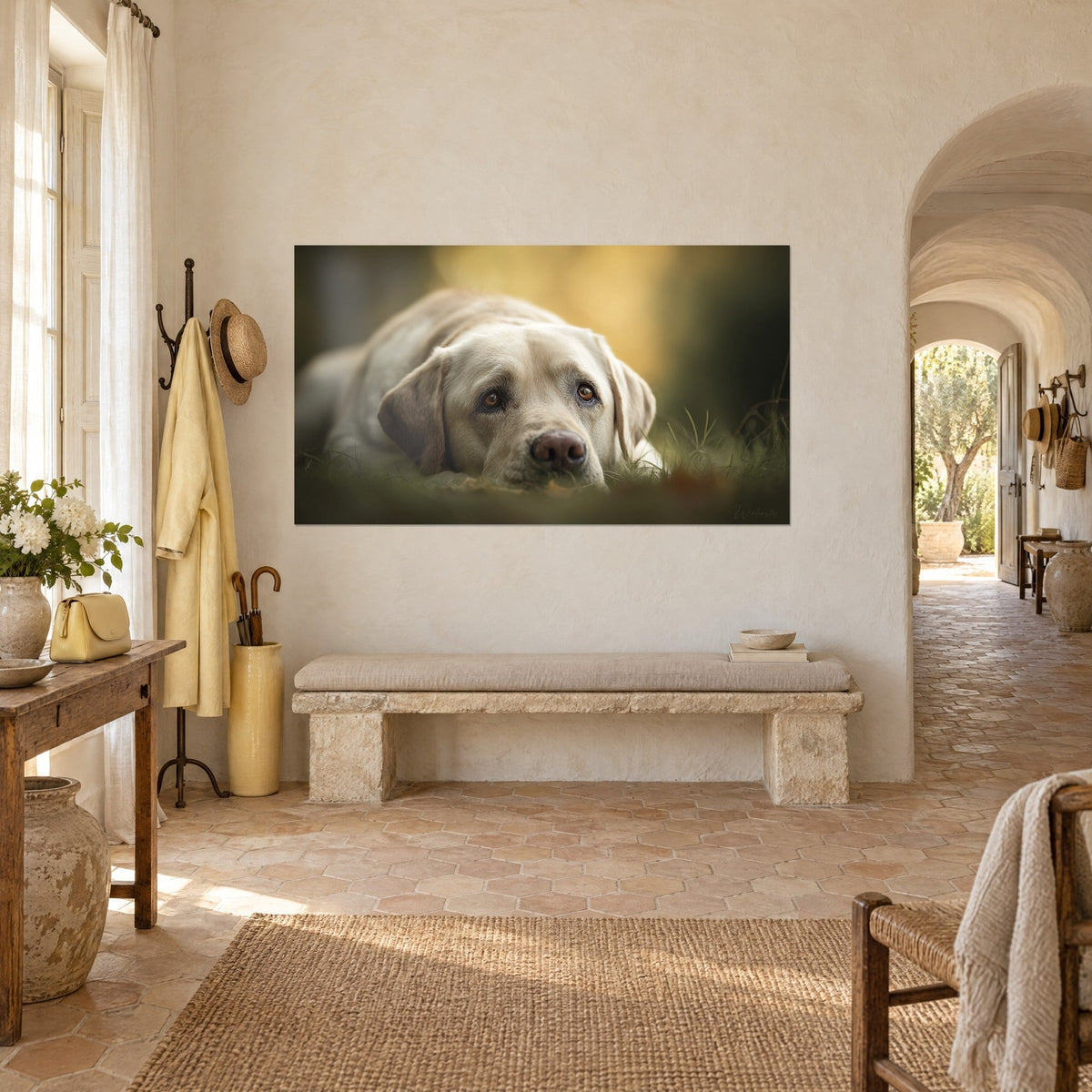 Gemälde Hund mit haselnussbraunen Augen und sandfarbenem Fell, bernsteingelber Hintergrund, Dreiviertelansicht vor einer weißen Wand eines provenzalischen Landhauses