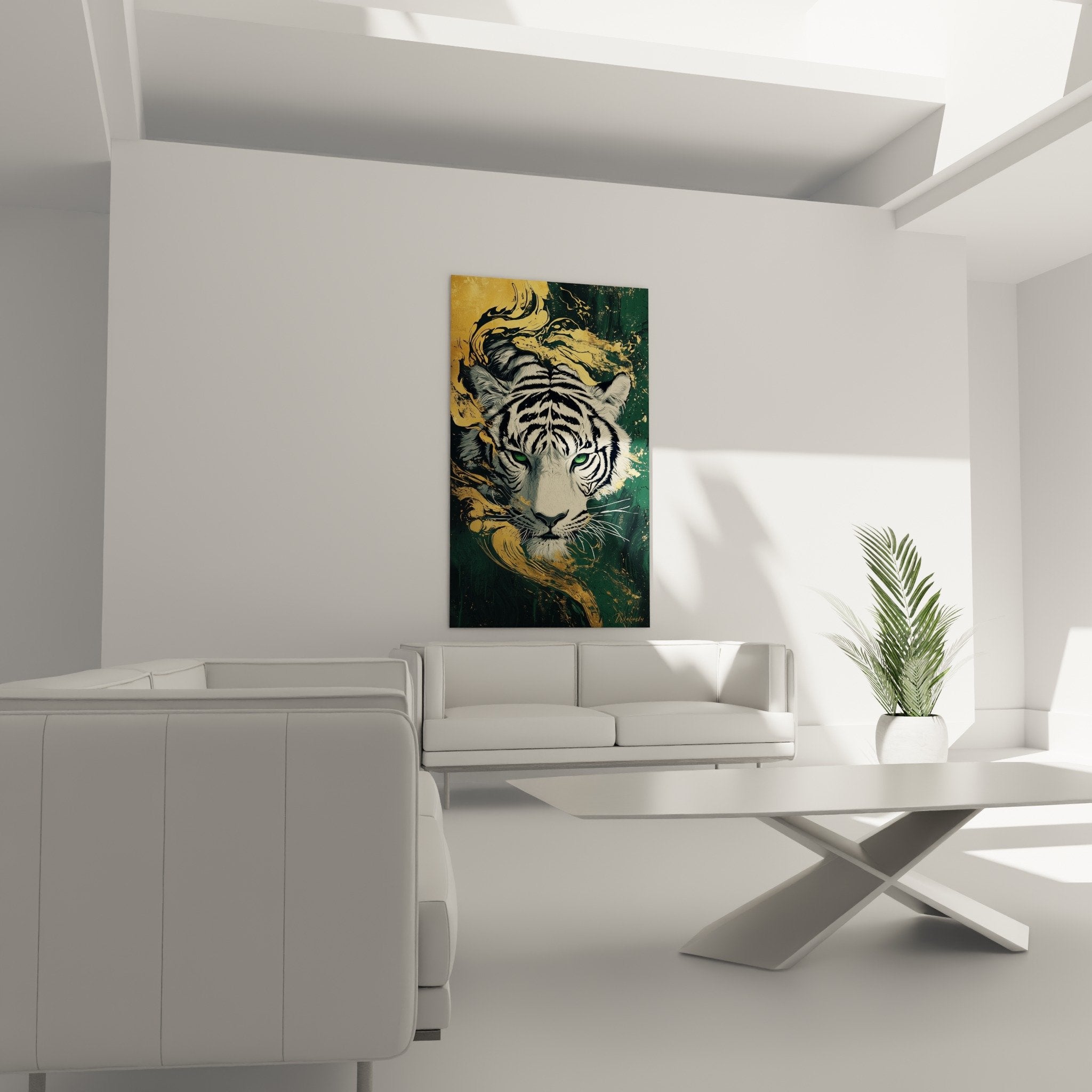 Close-up of the tiger's emerald green eyes and details of the black and white striped fur