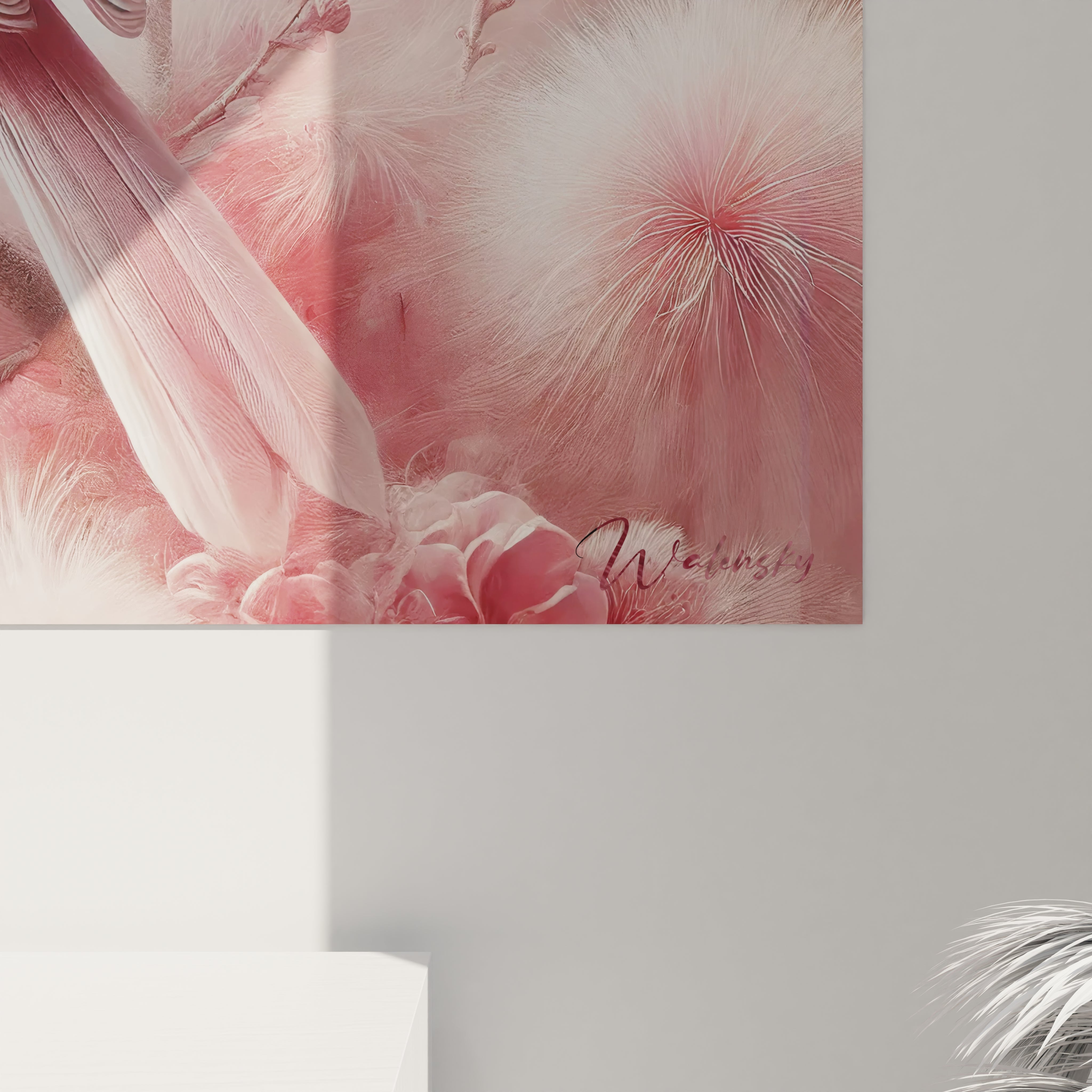 Un gros plan de ce tableau oiseaux dévoile chaque détail subtil : les plumes douces, les fleurs printanières et les nuances harmonieuses de rose, créant un hommage visuel à la nature et à la sérénité.






