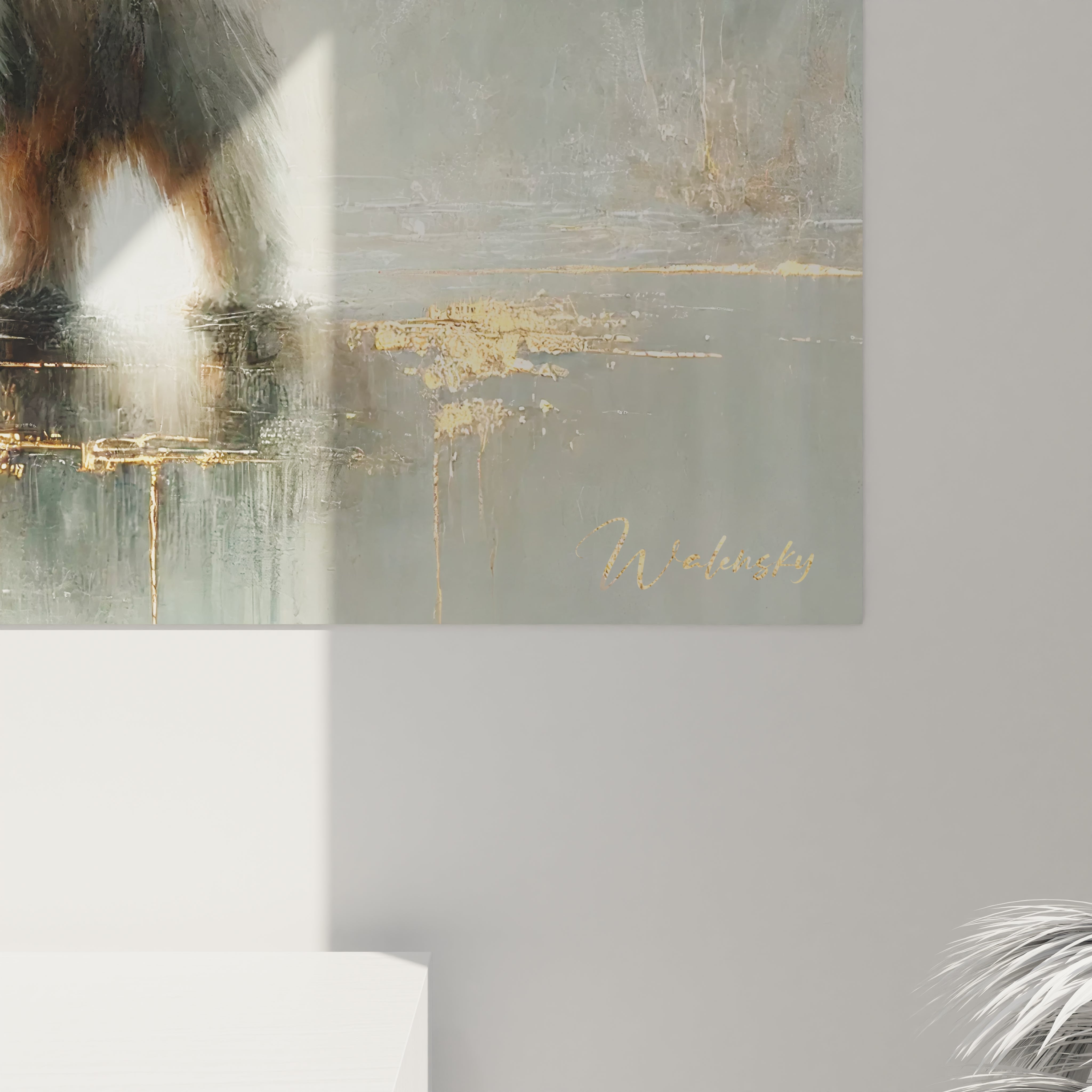 Gros plan du tableau ours brun montrant les details fins de la fourrure et l ambiance brumeuse, ideal pour les passionnes d art animalier.





