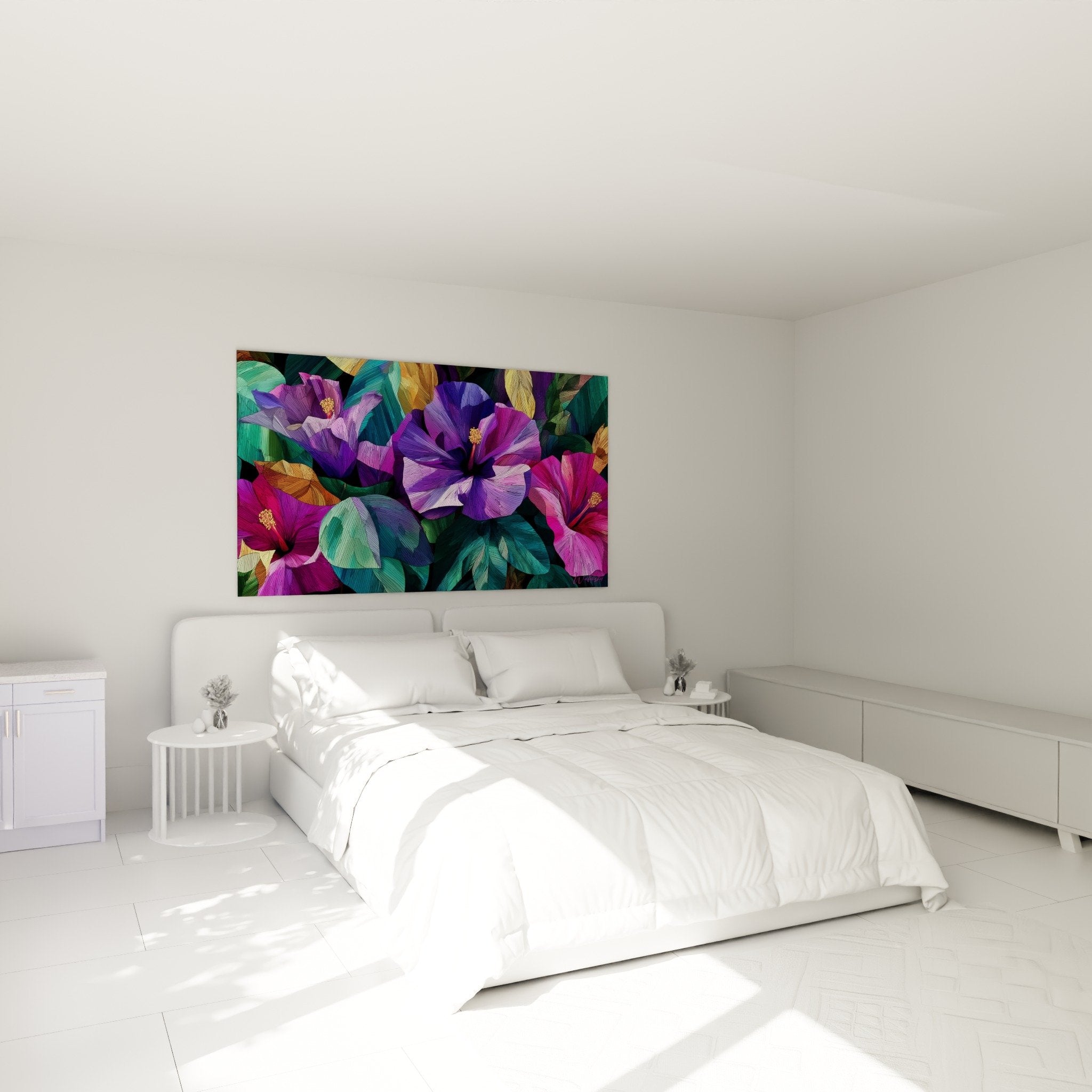 Hibiscus violets tropicaux dans chambre moderne, decoration murale feng shui sud-est bois naturel