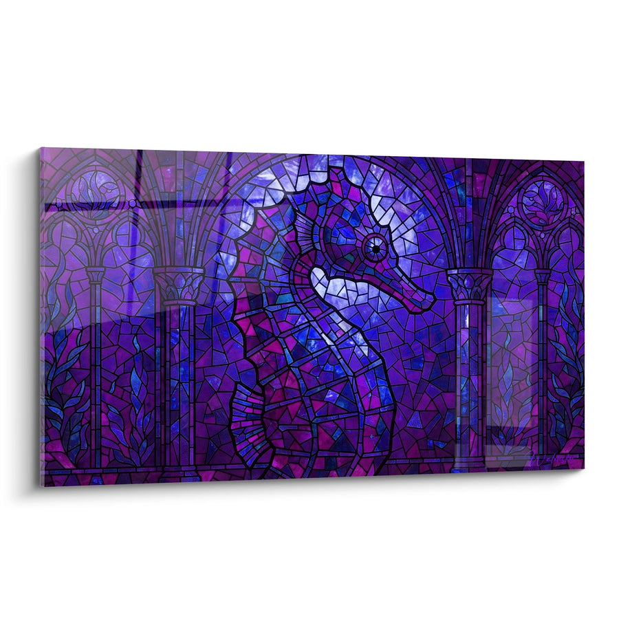 Tableau Hippocampe Mosaïque Violette et Bleue Architecture Gothique - Majesté Océanique - Edition Hippocampe