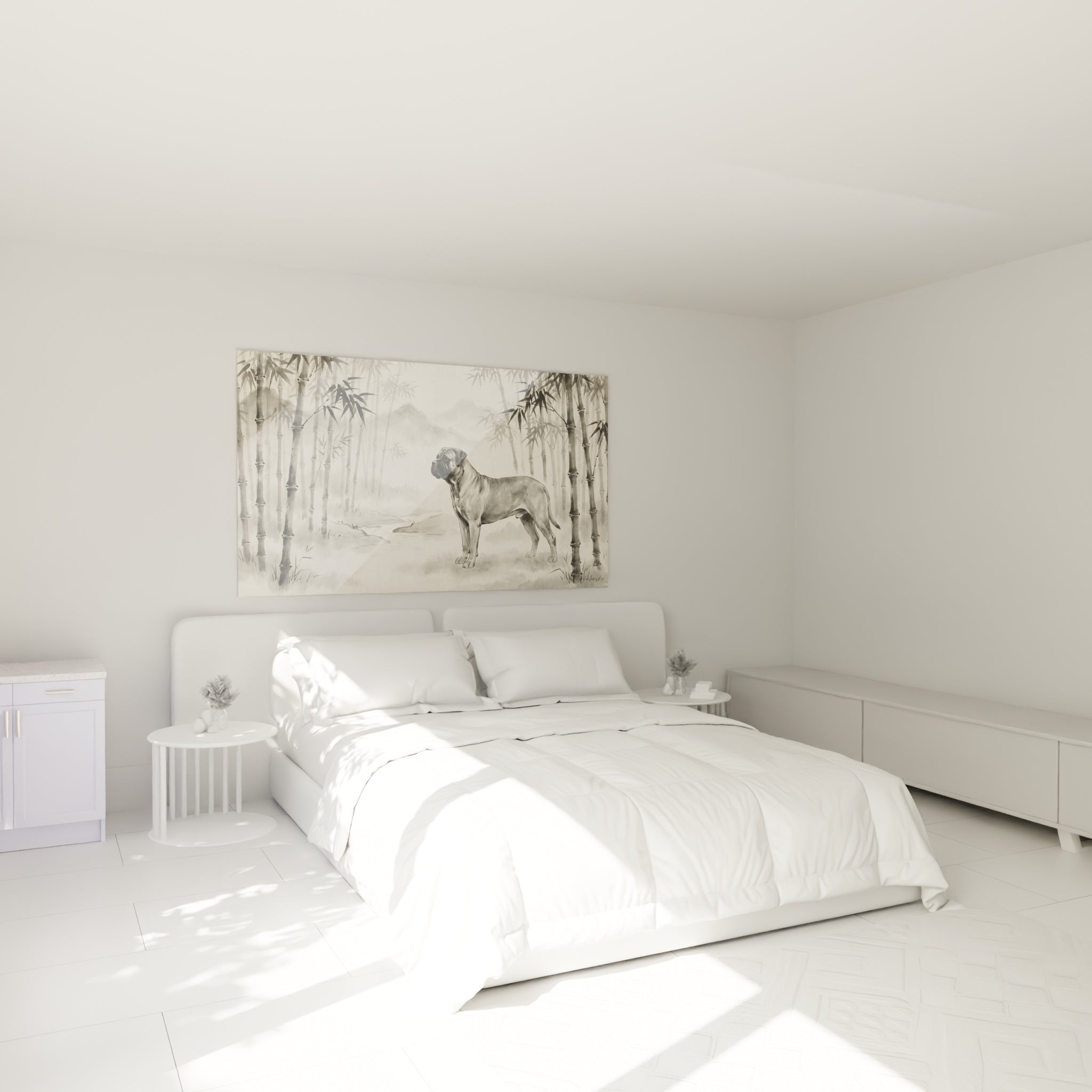 Tableau Bullmastiff bambous gris décorant chambre moderne ambiance zen apaisante