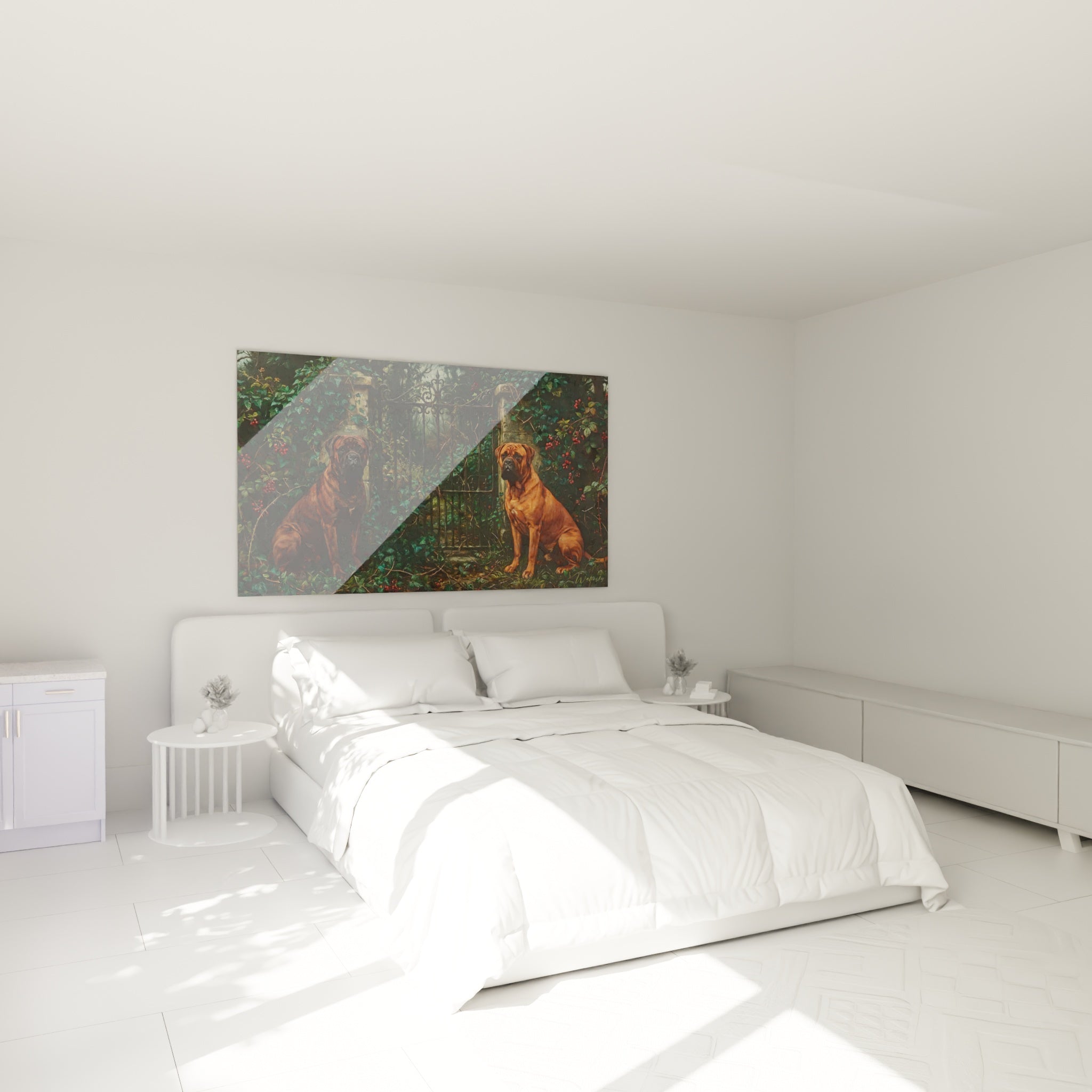 Tableau bullmastiffs gardiens dans chambre ambiance chaleureuse decoration murale tons cuivres