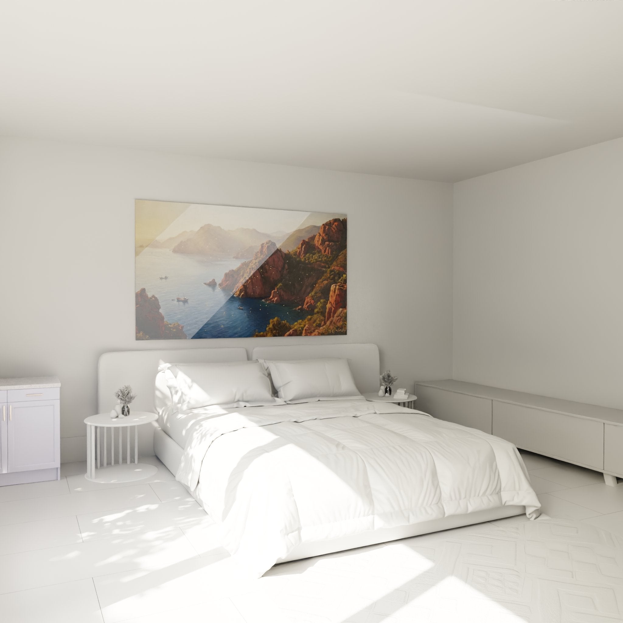 Decoration murale chambre avec tableau calanques corses, ambiance mediterraneenne chaleureuse