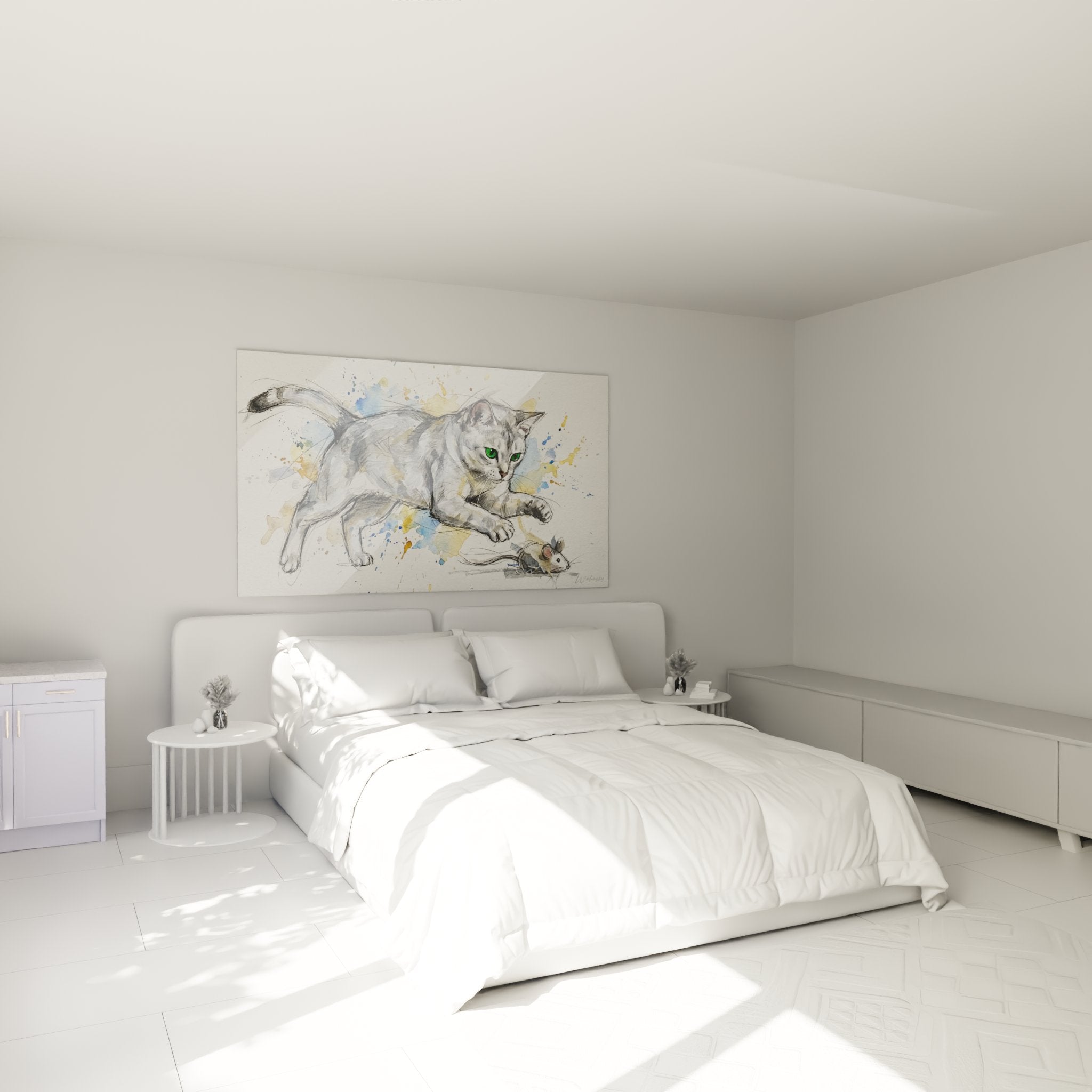 Decoration murale tableau chat Burmilla dans chambre moderne style aquarelle eclaboussures artistiques